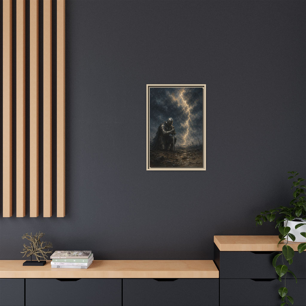 Knight in Thunderstorm Matte Framed Canvas — Dark Fantasy Wall Art