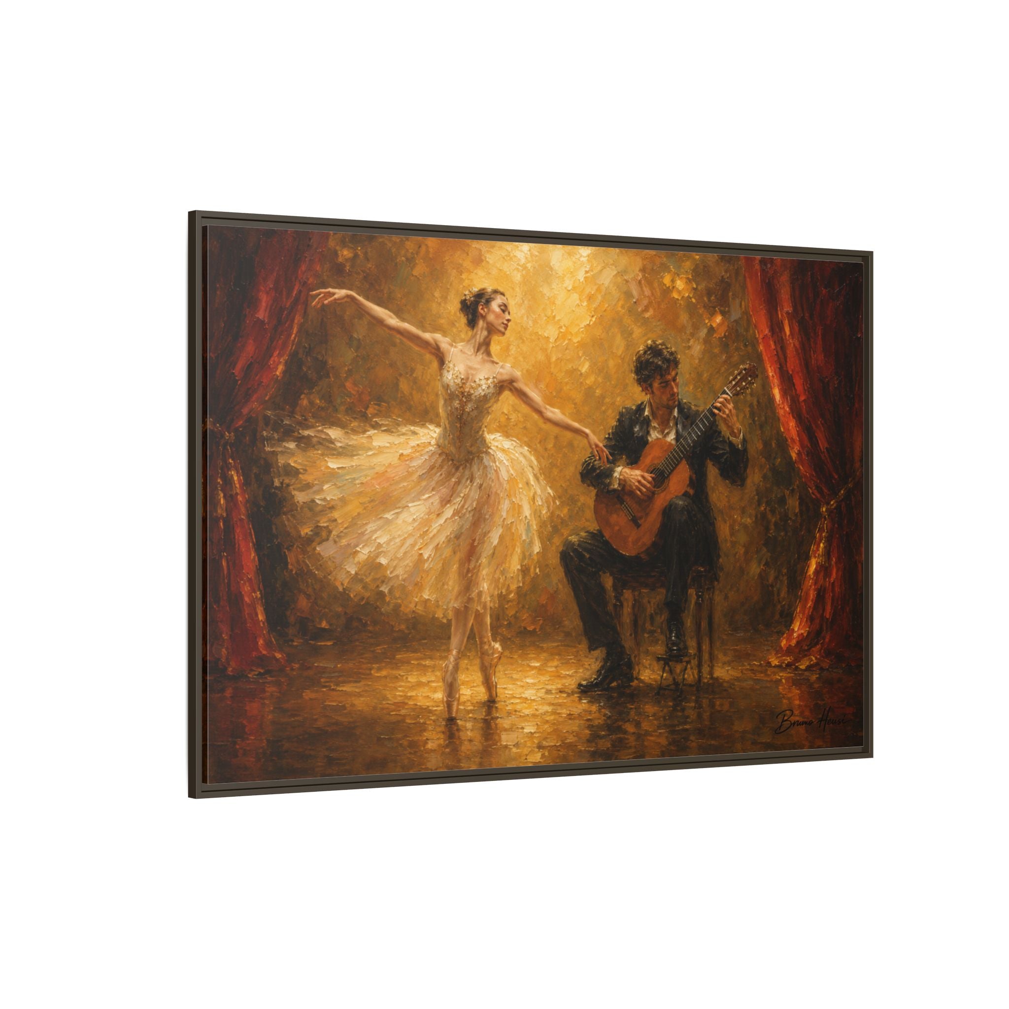 Ballet Dancer & Guitarist Framed Canvas Wall Art — Oil-Style Performance Print