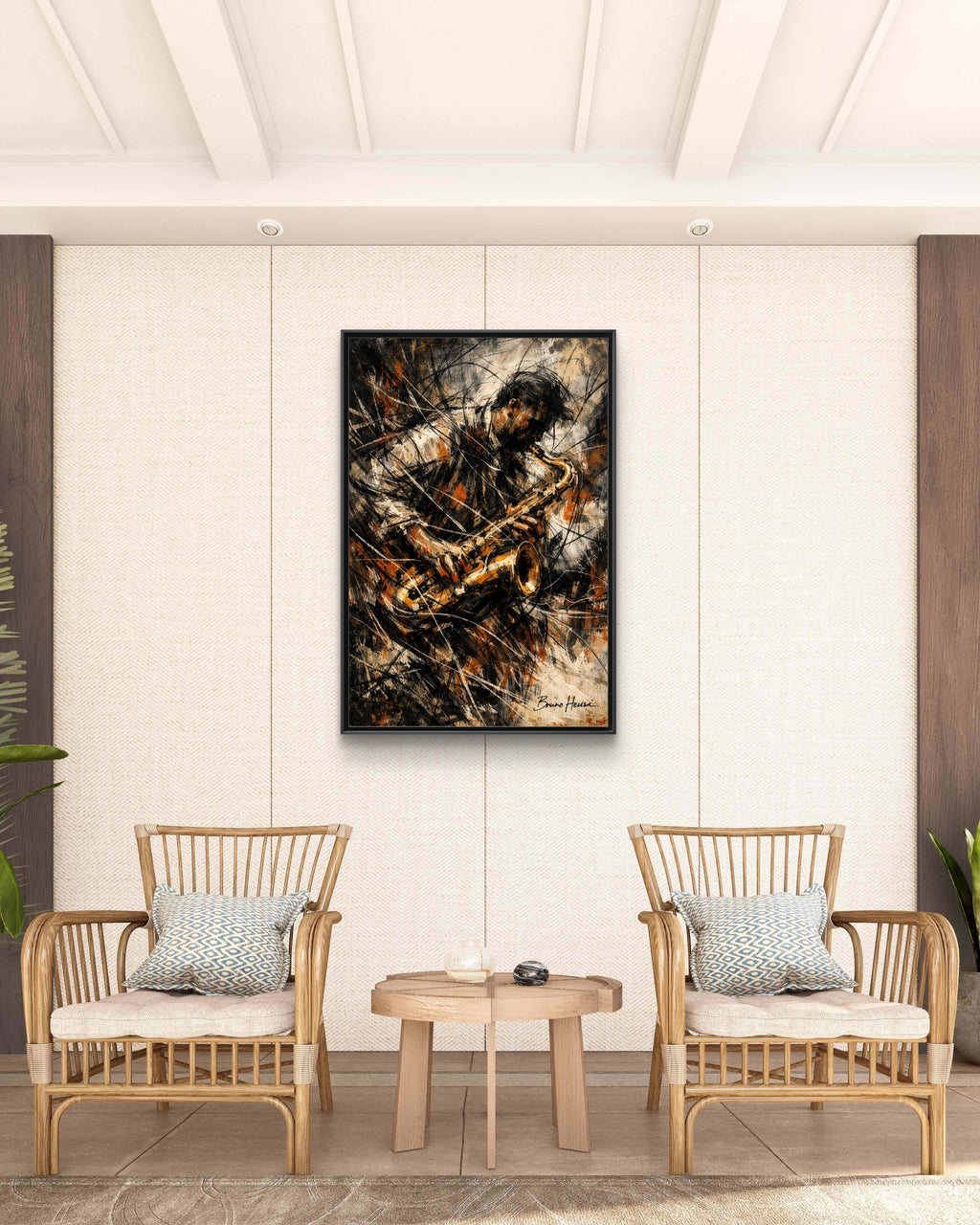 Saxophone Jazz Musician Framed Canvas Wall Art — Abstract Music Print