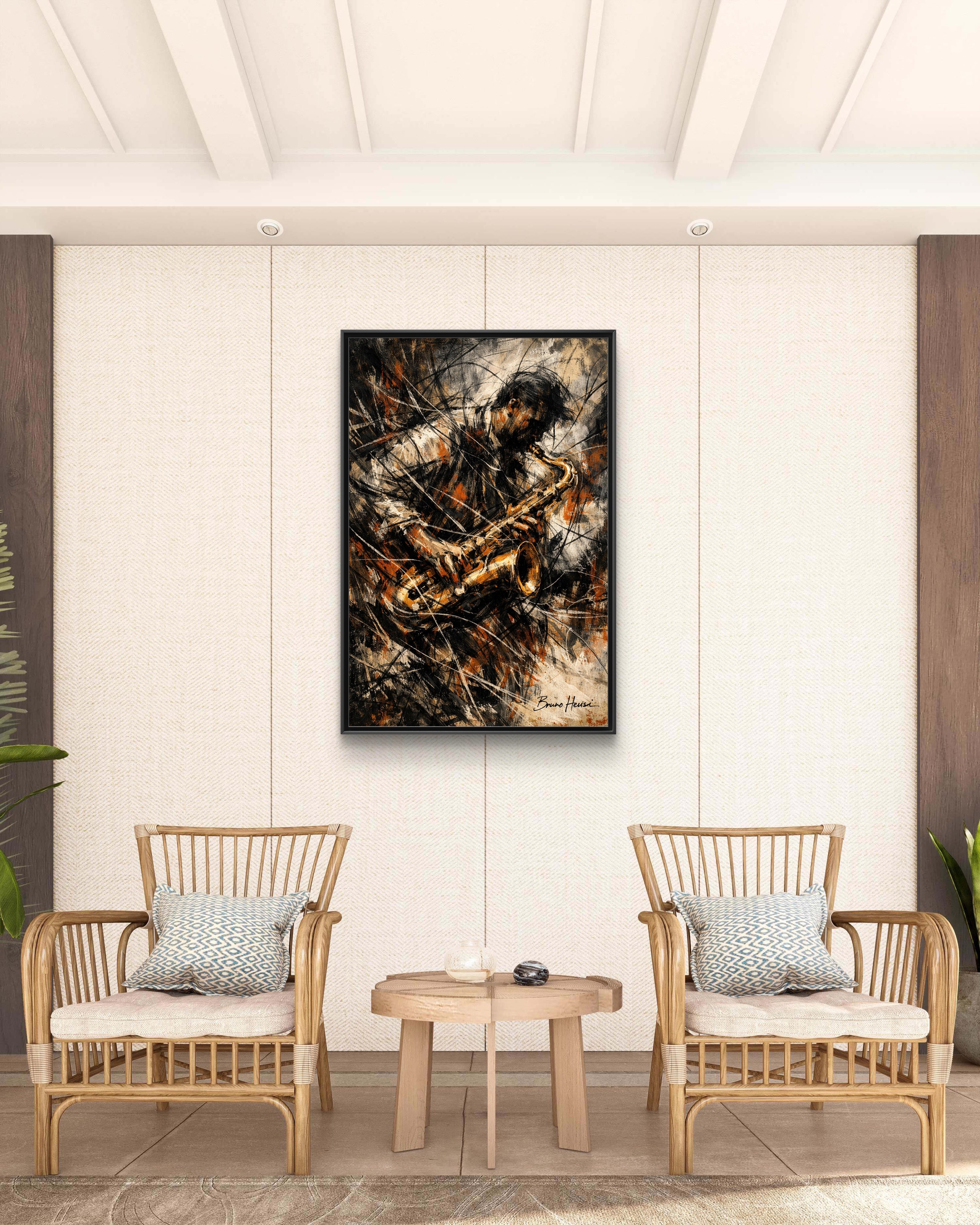 Saxophone Jazz Musician Framed Canvas Wall Art — Abstract Music Print