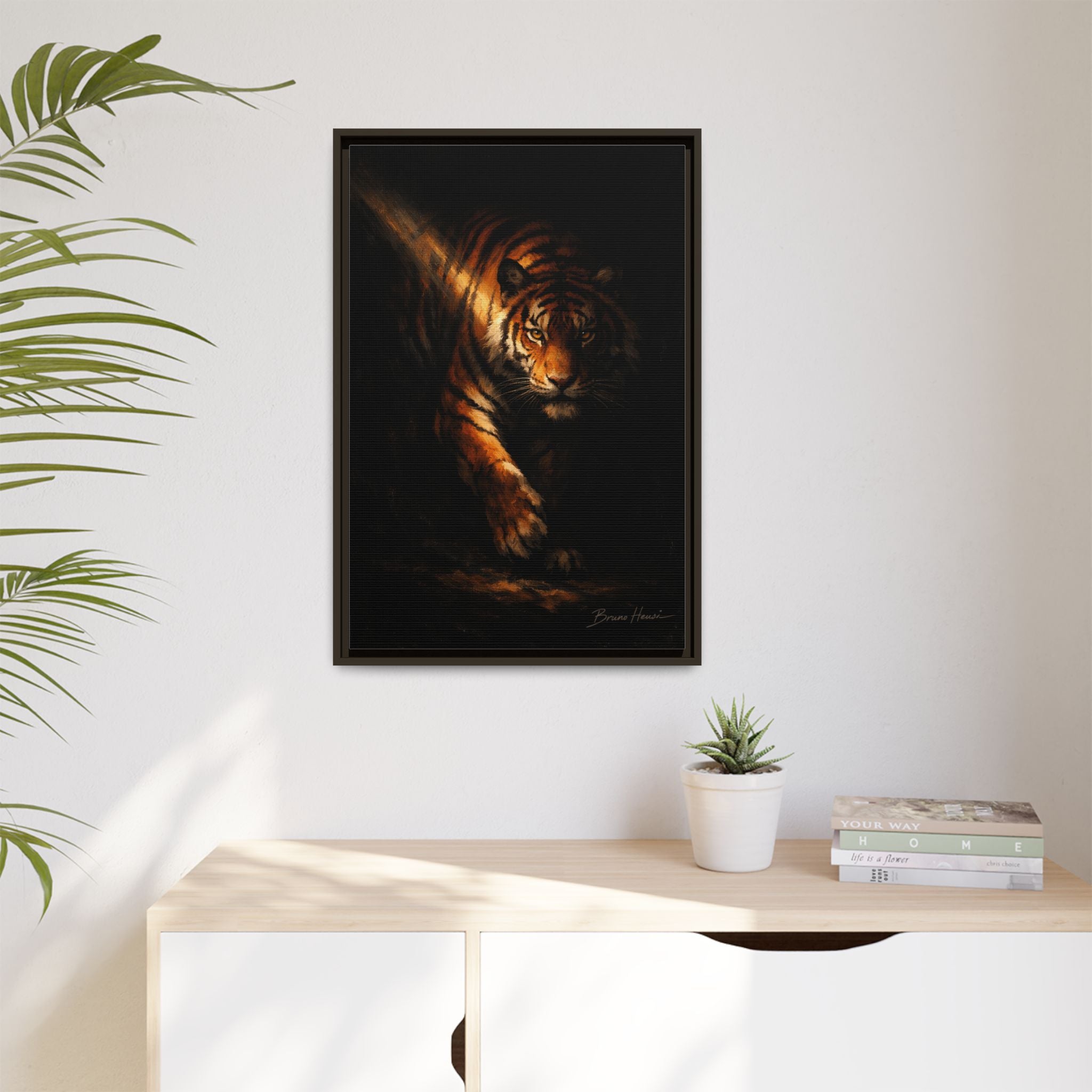 Tiger in the Shadows Matte Framed Canvas Print — Dramatic Wildlife Wall Art