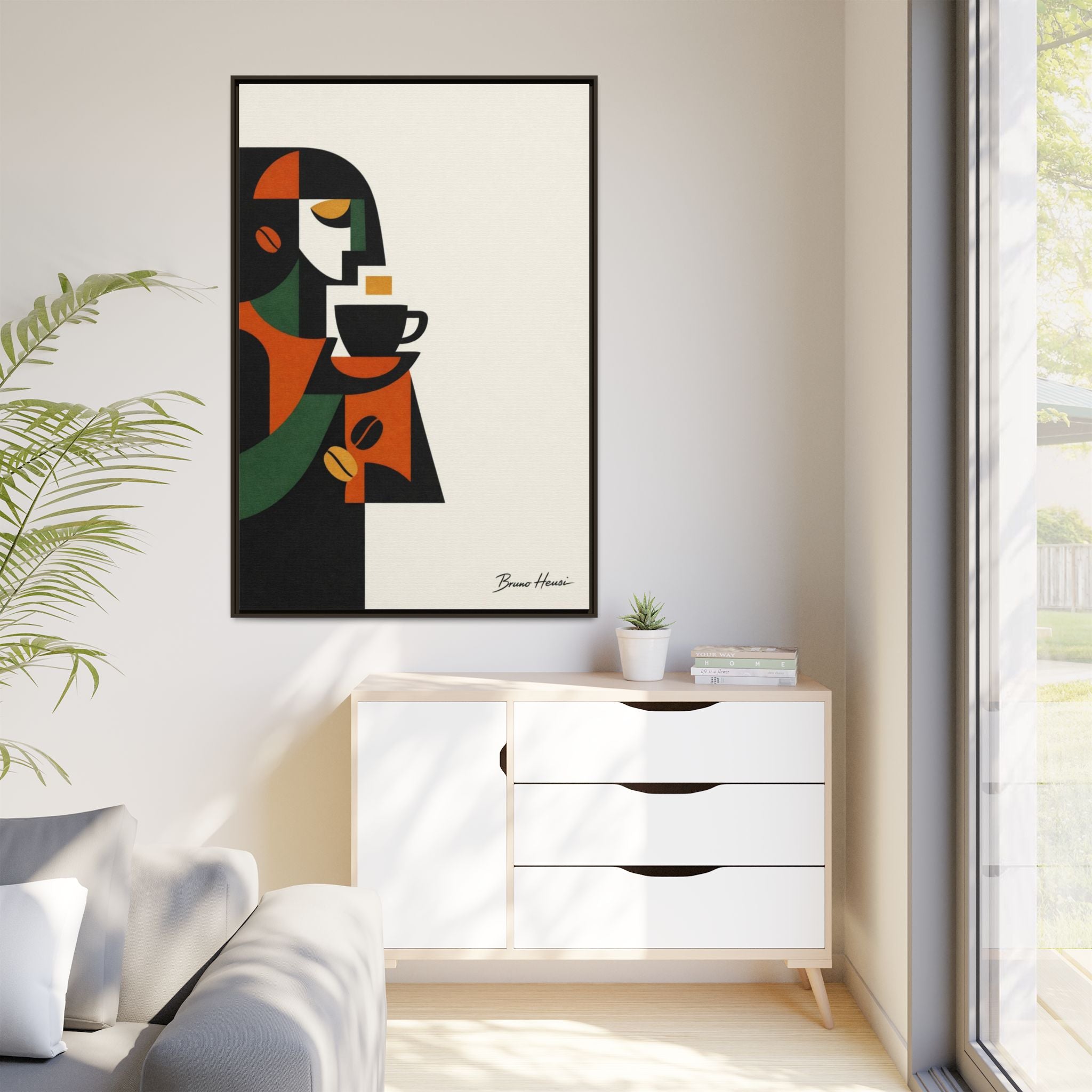 Abstract Coffee Drinker Framed Canvas Print — Modern Café Wall Art