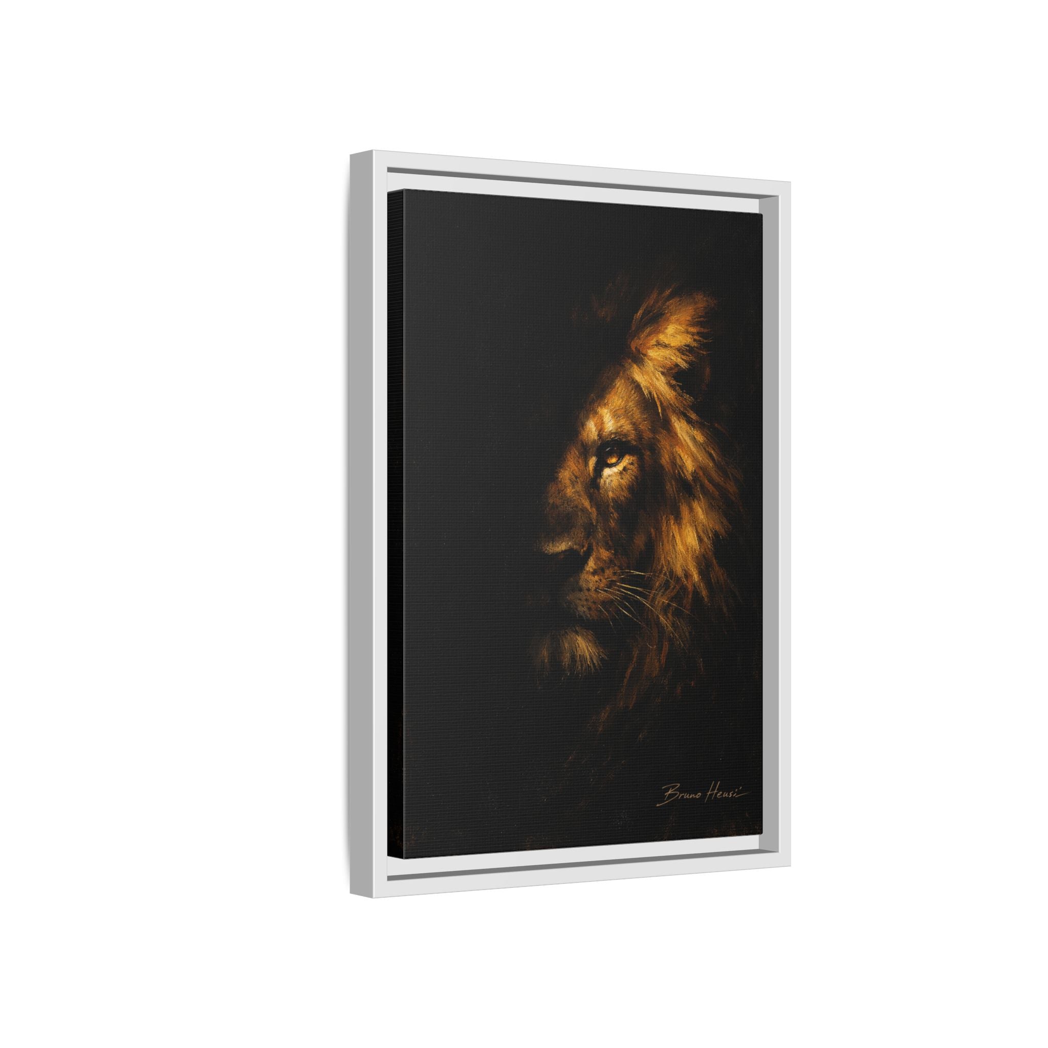 Majestic Lion Portrait Framed Canvas Wall Art — Golden Mane on Black Matte Print