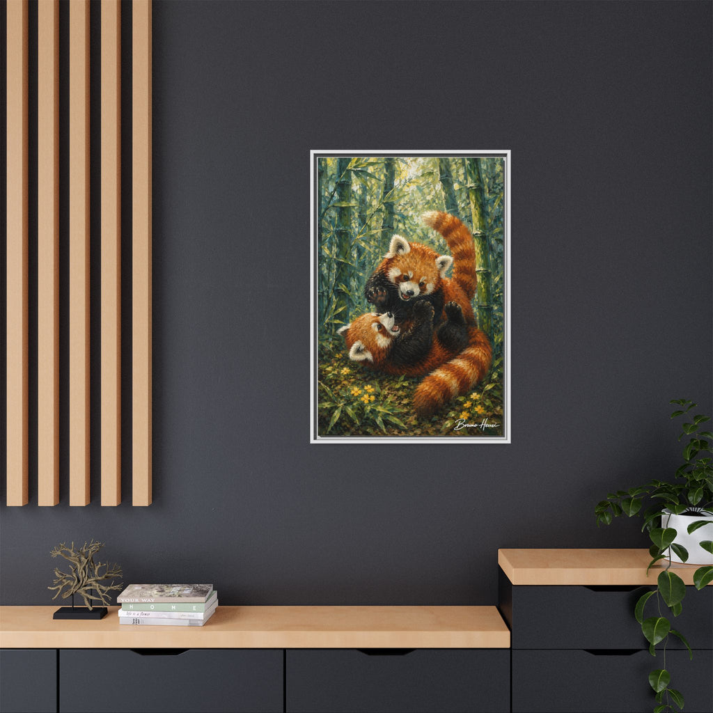 Red Panda Playtime Framed Canvas Wall Art — Playful Wildlife Print