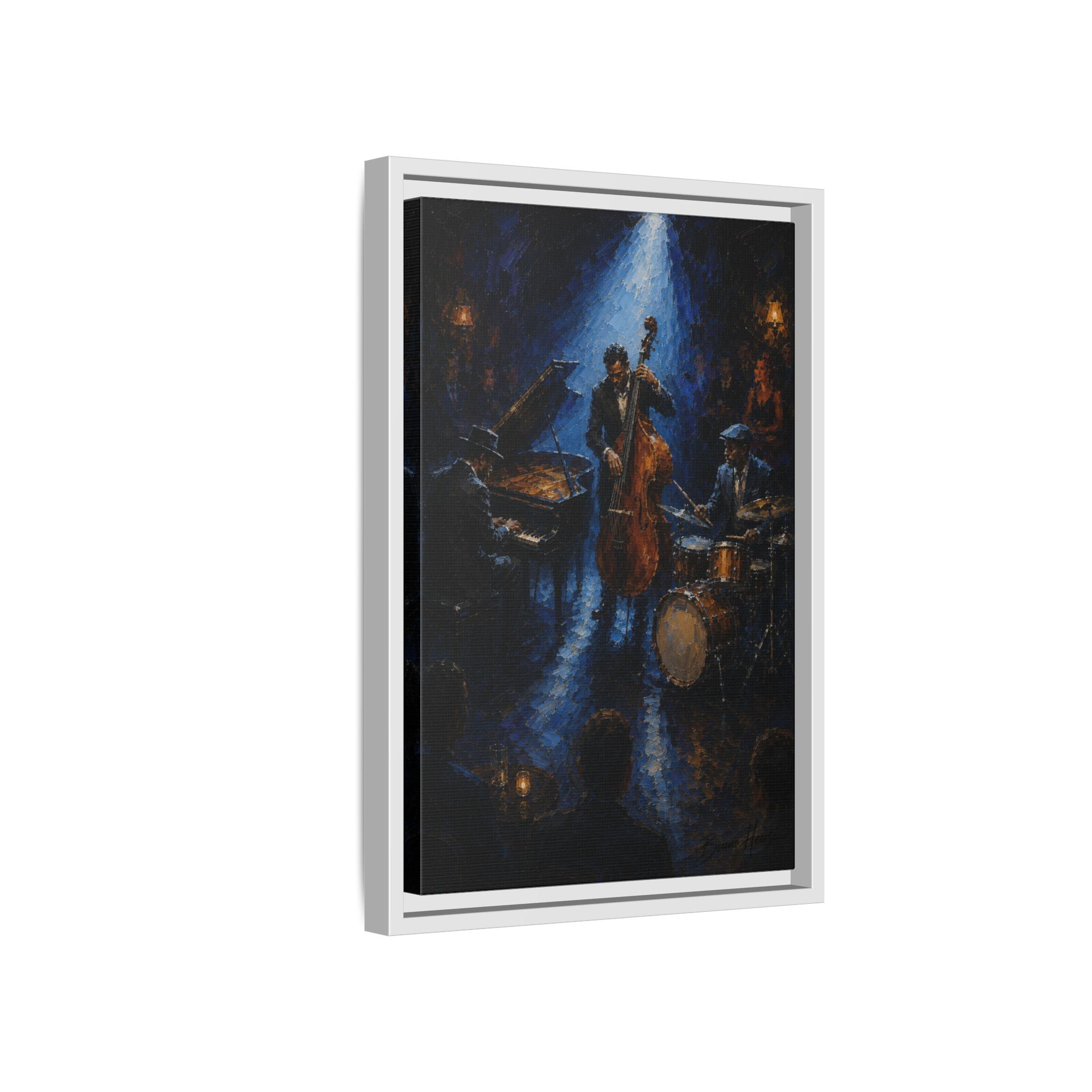 Framed Jazz Quartet Canvas Wall Art – Moody Blue Music Scene