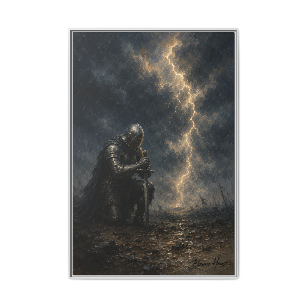 Knight in Thunderstorm Matte Framed Canvas — Dark Fantasy Wall Art