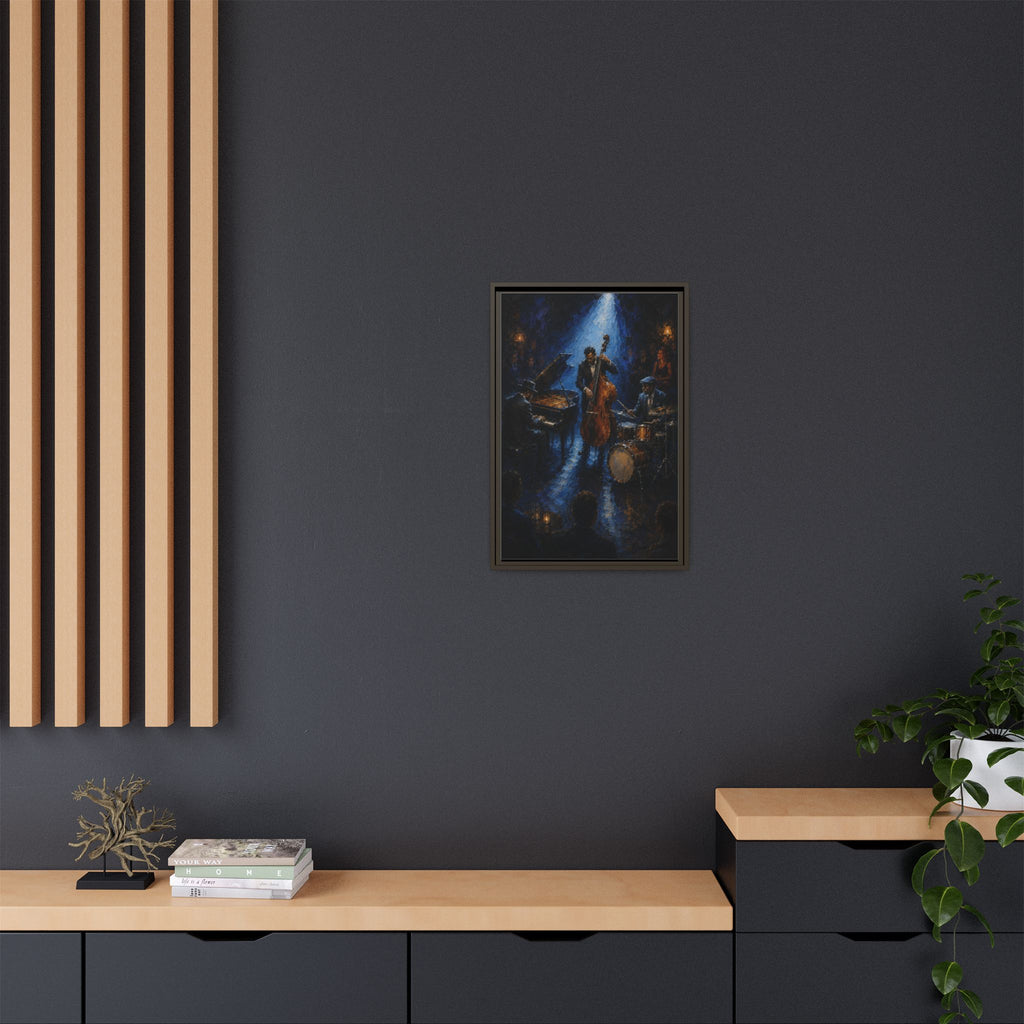 Framed Jazz Quartet Canvas Wall Art – Moody Blue Music Scene