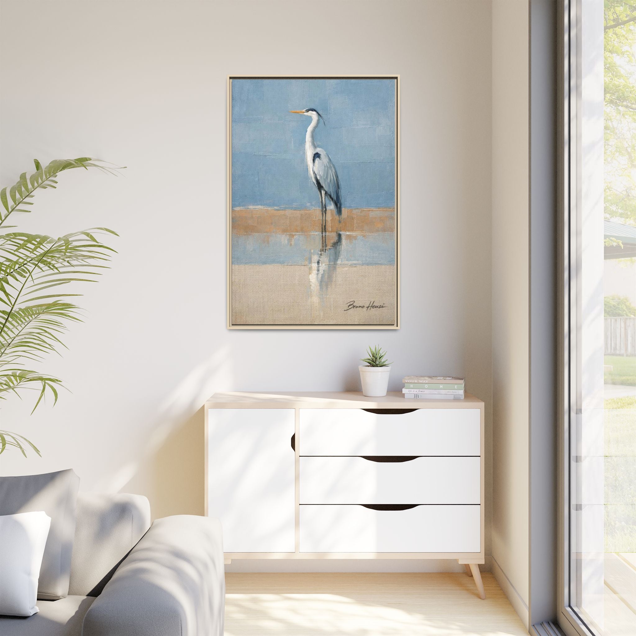 Framed Heron Canvas Art – Coastal Shorebird Wall Decor