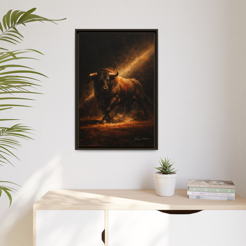 Framed Matte Canvas Art - Dramatic Charging Bull Painting