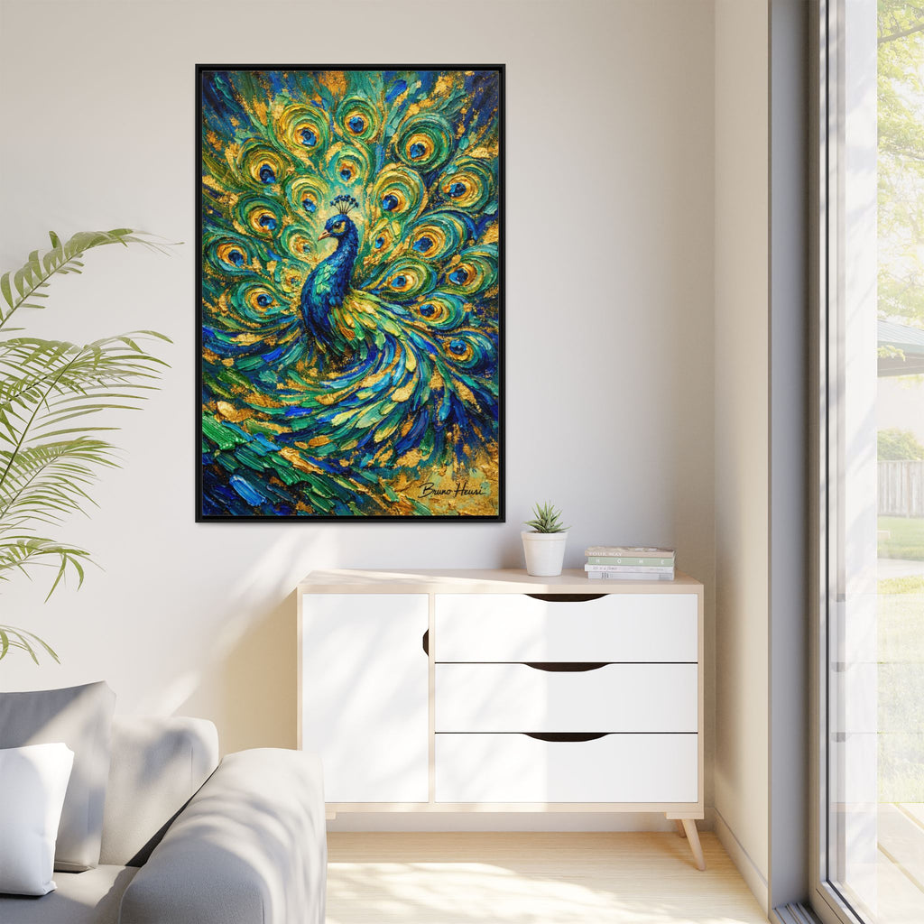 Peacock Oil-Style Framed Canvas Wall Art — Vibrant Blue & Gold Peacock Painting