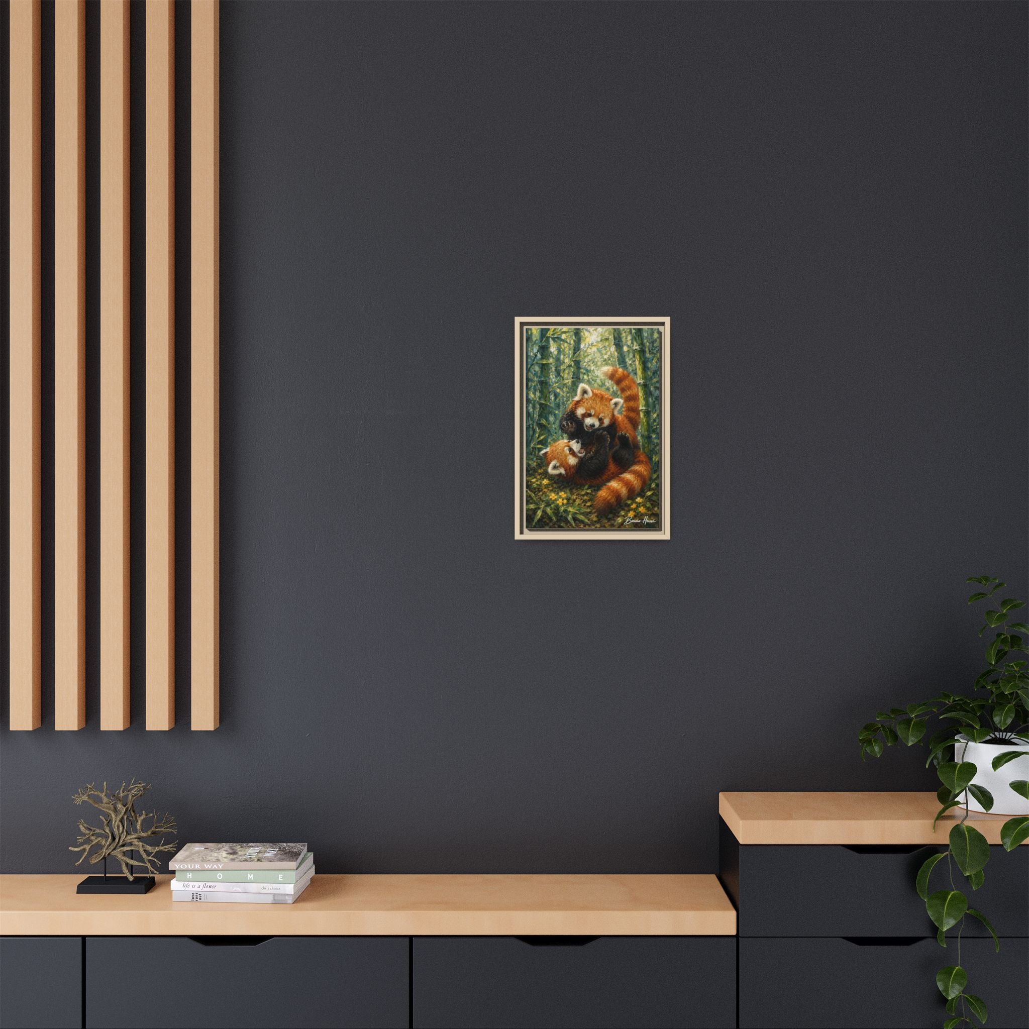 Red Panda Playtime Framed Canvas Wall Art — Playful Wildlife Print