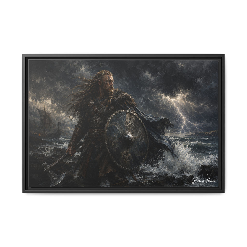 Viking Warrior Matte Framed Canvas Print — Stormy Norse Shield and Axe Wall Art