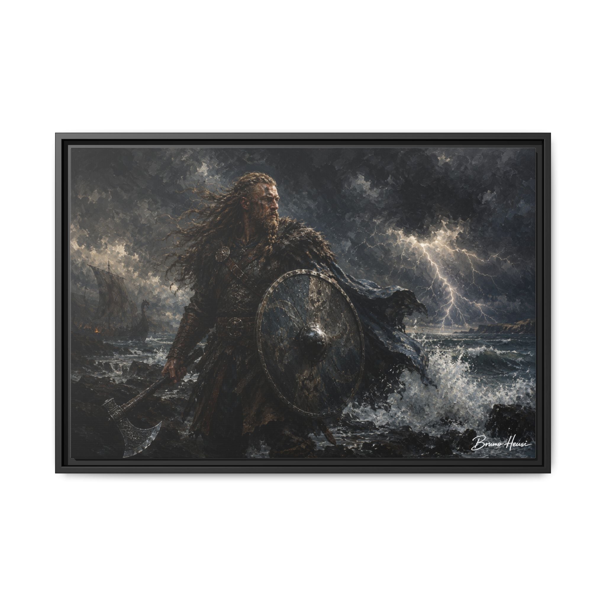 Viking Warrior Matte Framed Canvas Print — Stormy Norse Shield and Axe Wall Art