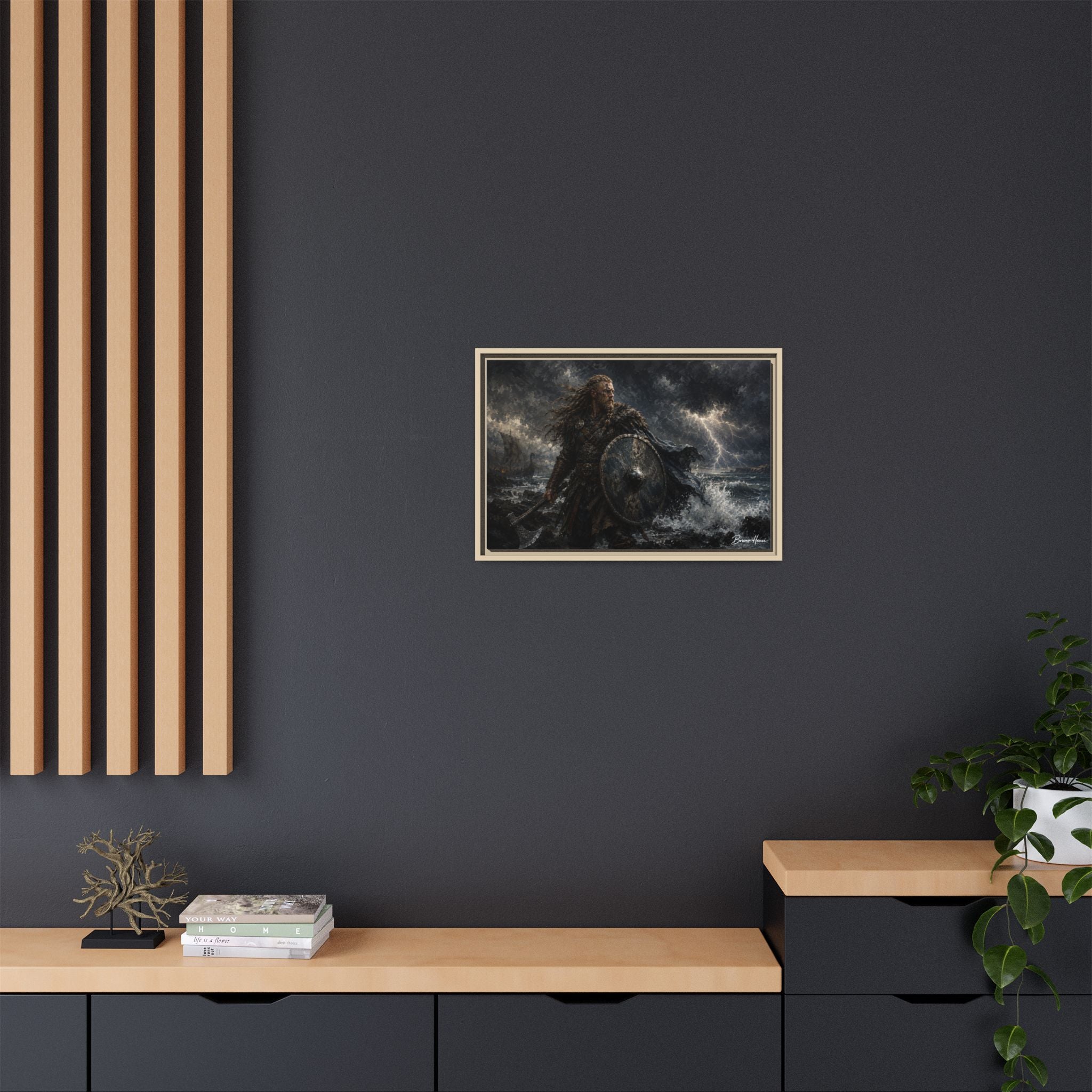 Viking Warrior Matte Framed Canvas Print — Stormy Norse Shield and Axe Wall Art