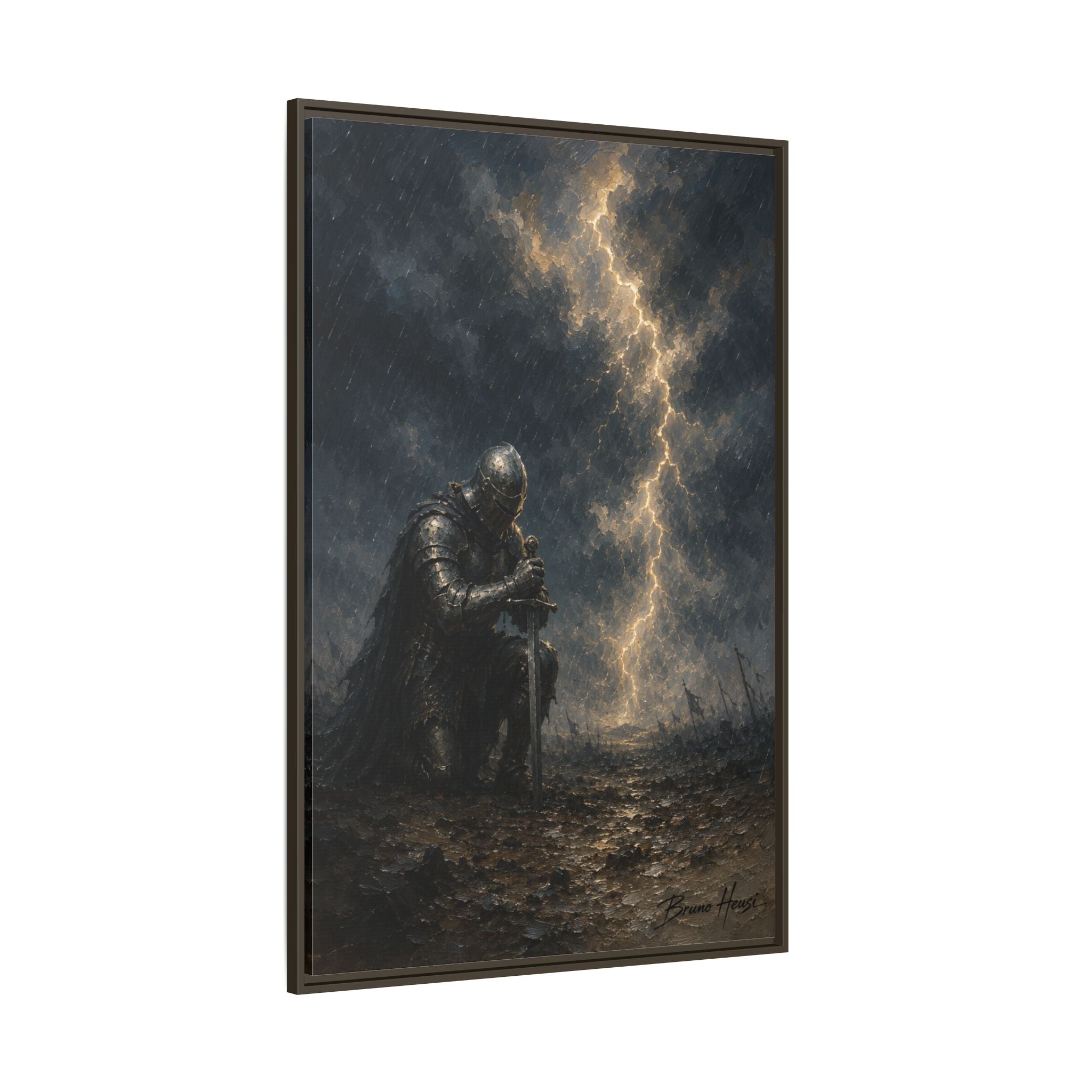 Knight in Thunderstorm Matte Framed Canvas — Dark Fantasy Wall Art