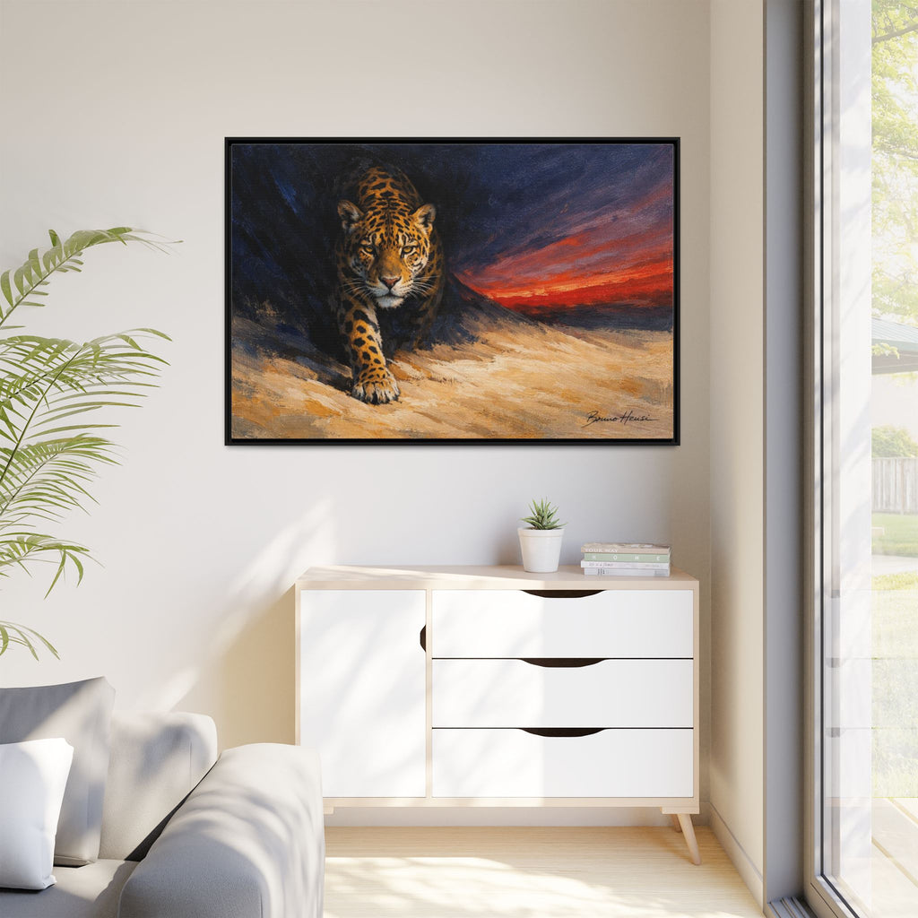 Framed Jaguar Canvas Art – Majestic Big Cat Painting with Sunset Sky