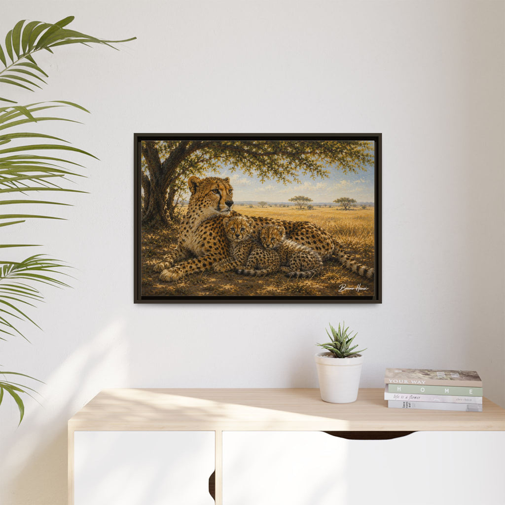 Cheetah Mother & Cubs Framed Canvas Wall Art – African Wildlife Safari Print
