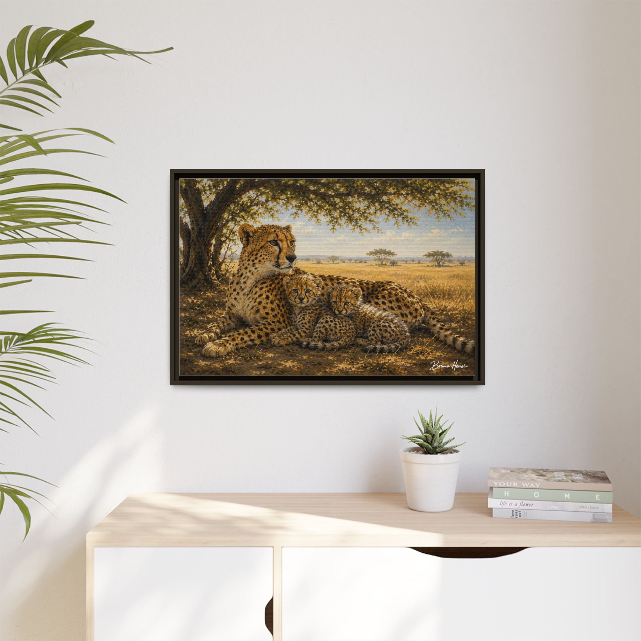 Cheetah Mother & Cubs Framed Canvas Wall Art – African Wildlife Safari Print