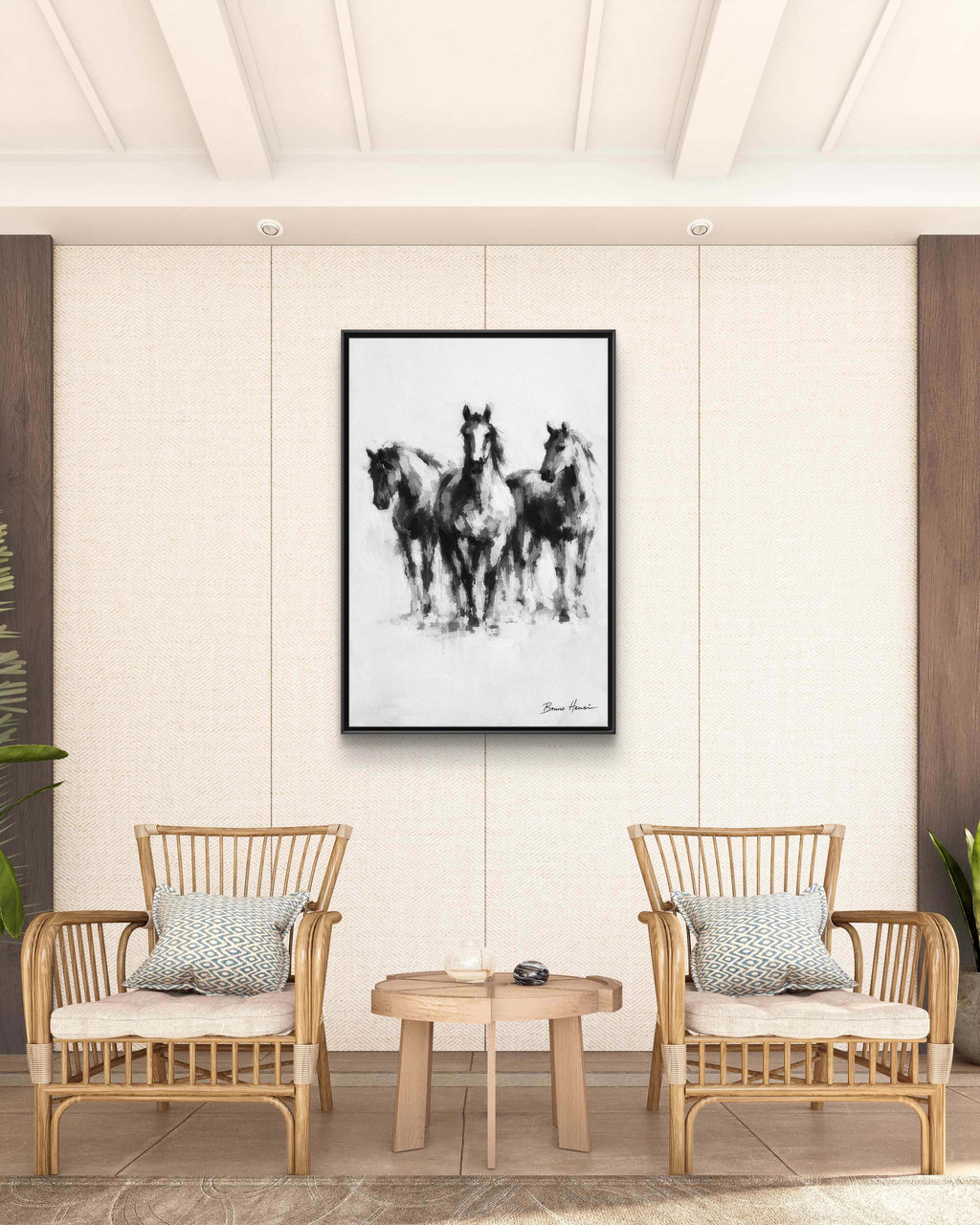 Framed Matte Canvas Print – Three Galloping Horses Black & White Wall Art