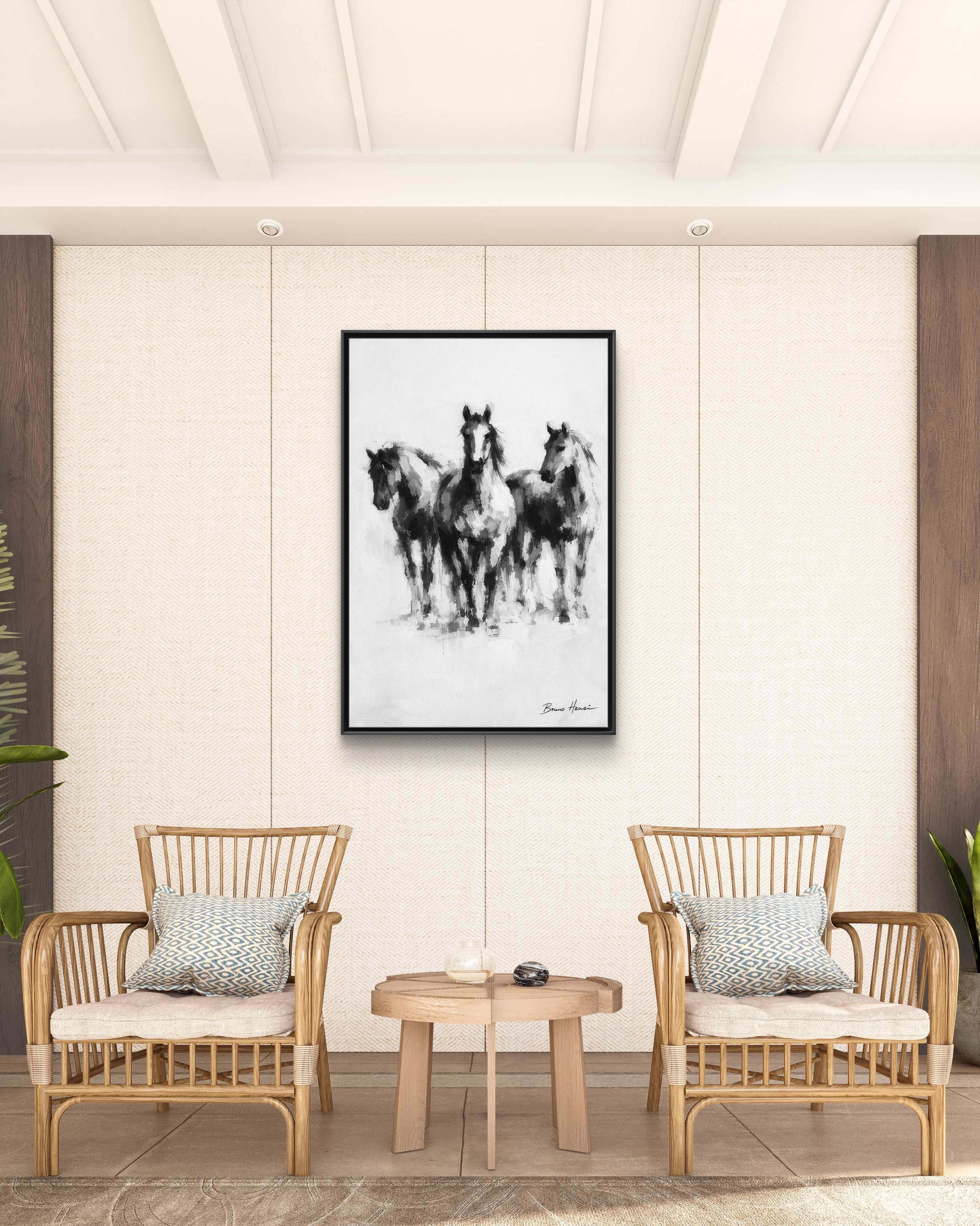 Framed Matte Canvas Print – Three Galloping Horses Black & White Wall Art