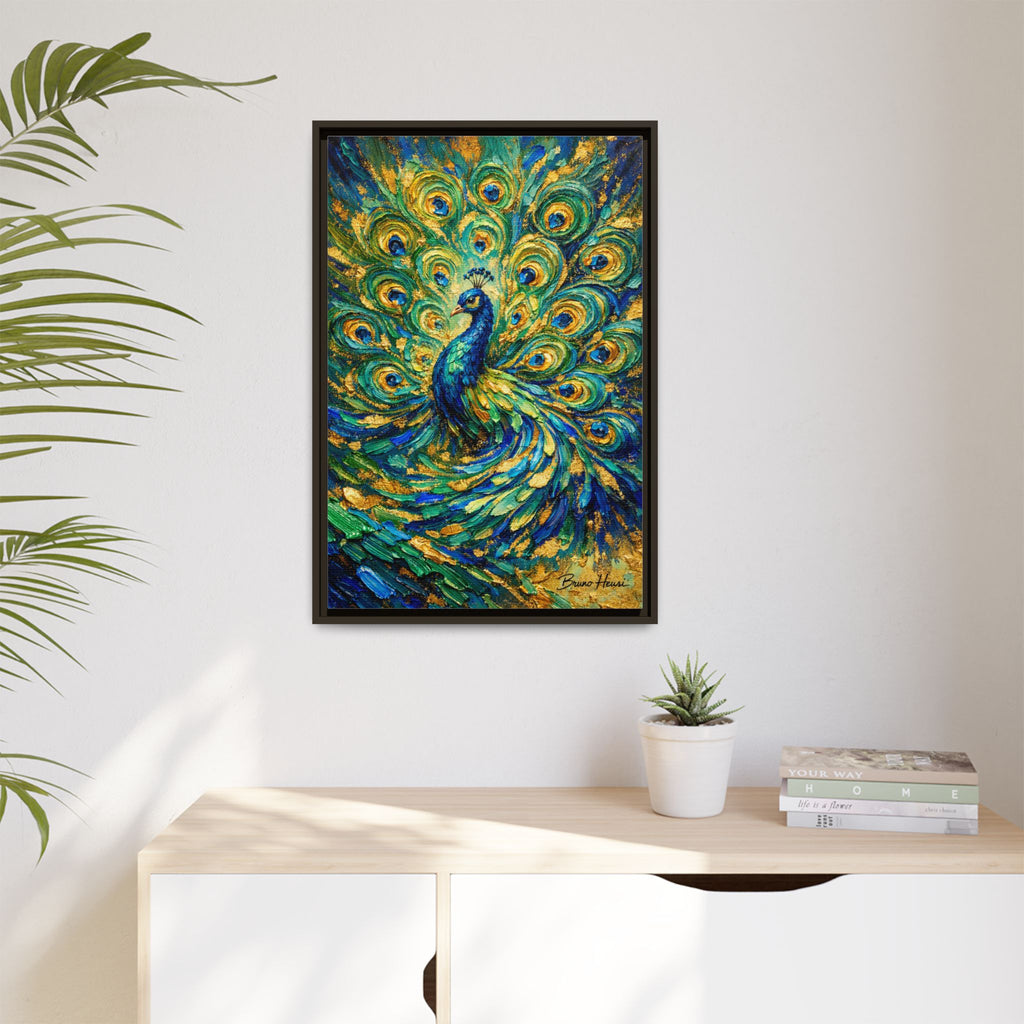 Peacock Oil-Style Framed Canvas Wall Art — Vibrant Blue & Gold Peacock Painting