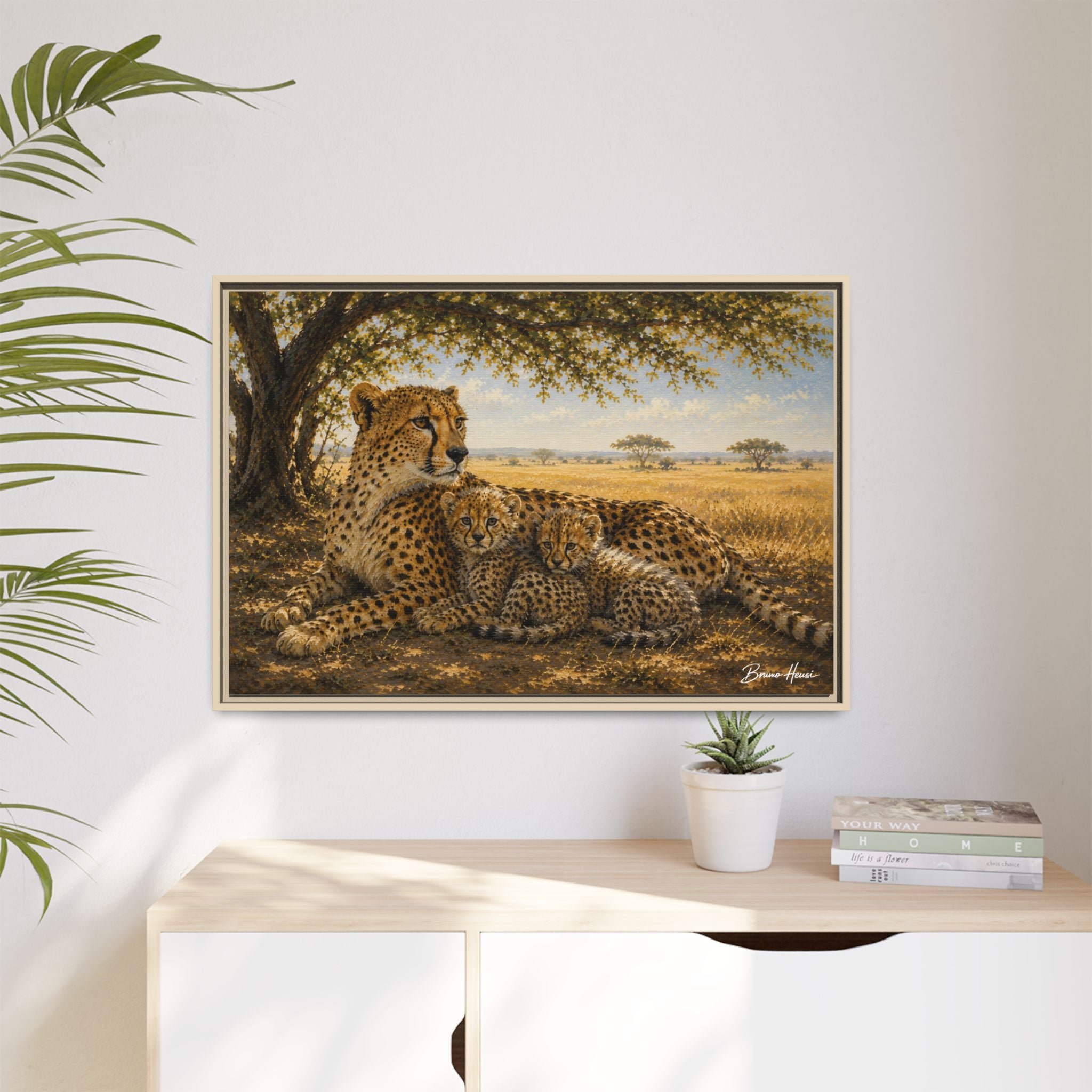 Cheetah Mother & Cubs Framed Canvas Wall Art – African Wildlife Safari Print