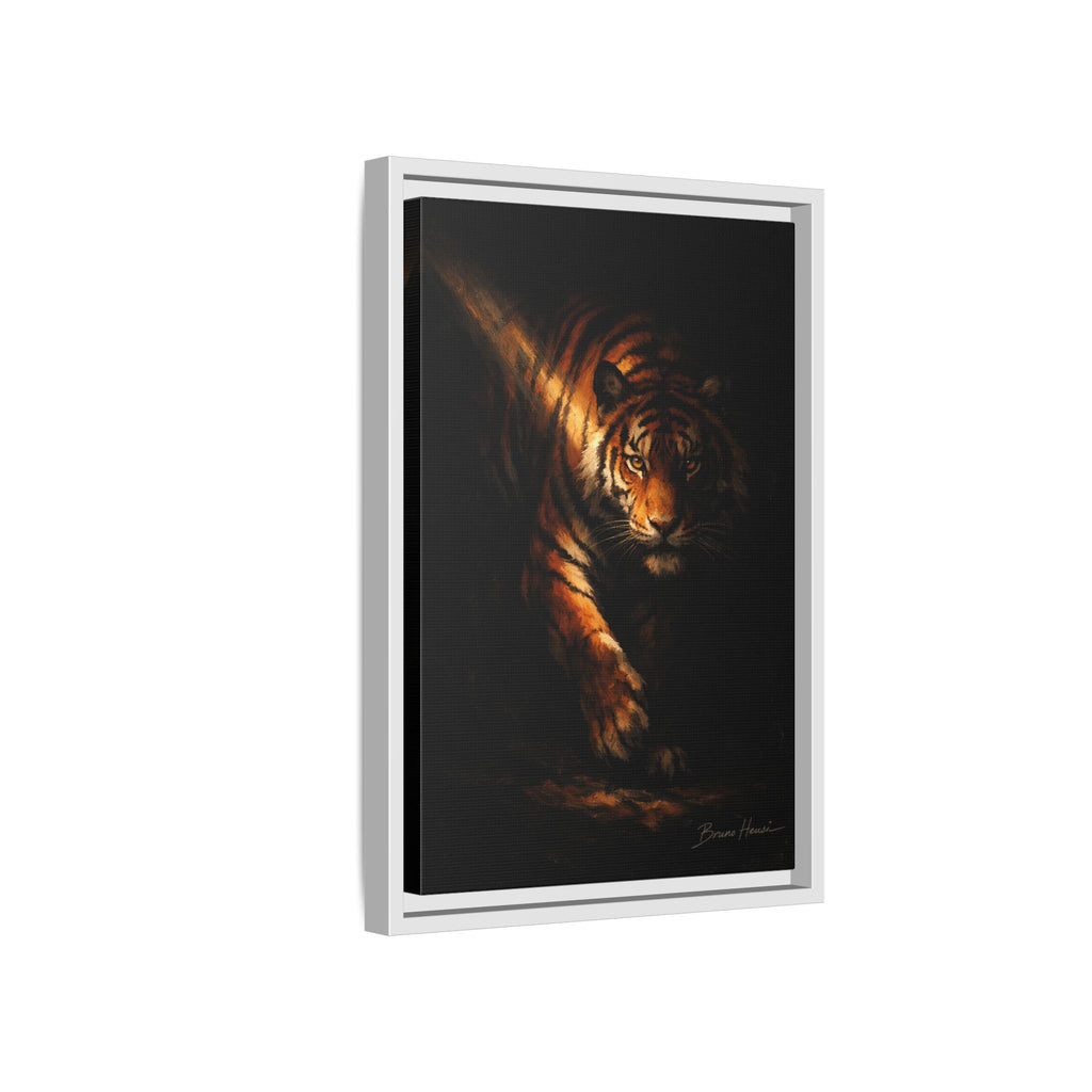 Tiger in the Shadows Matte Framed Canvas Print — Dramatic Wildlife Wall Art
