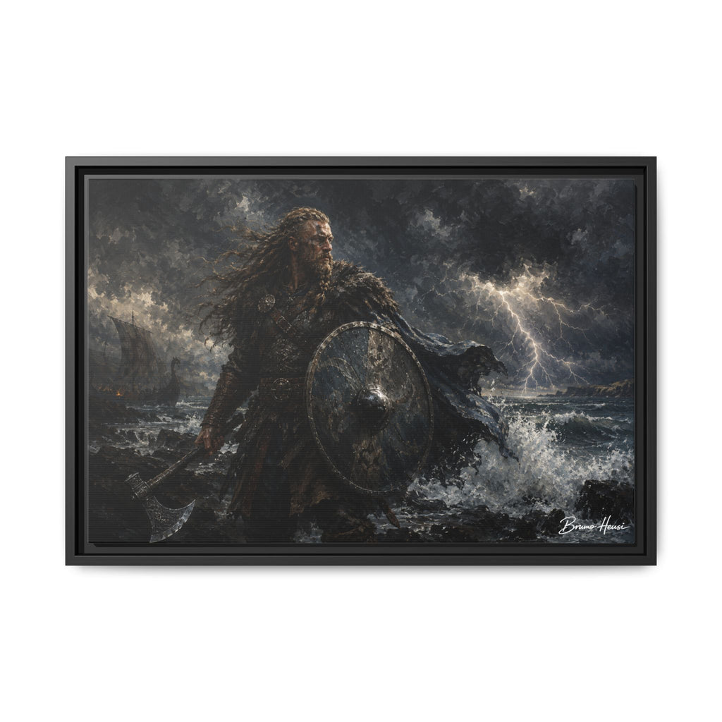 Viking Warrior Matte Framed Canvas Print — Stormy Norse Shield and Axe Wall Art