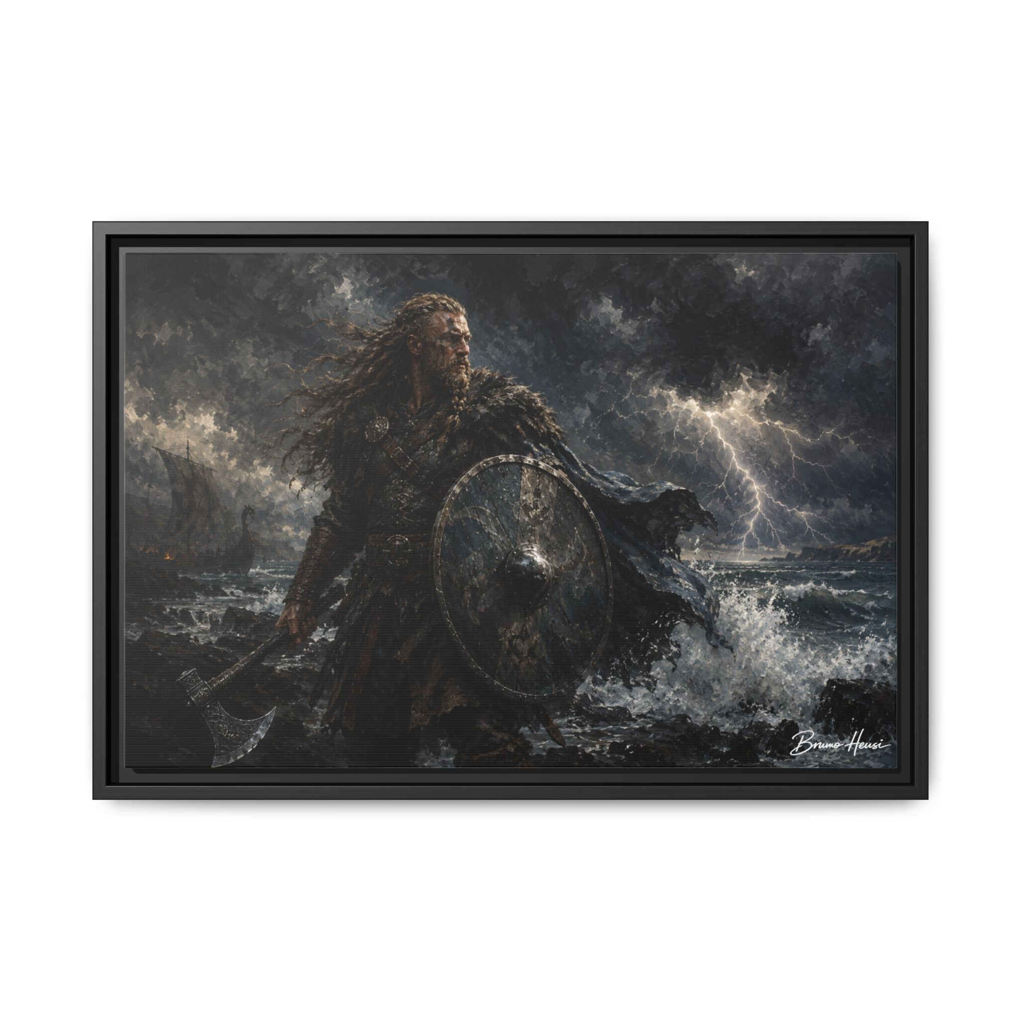 Viking Warrior Matte Framed Canvas Print — Stormy Norse Shield and Axe Wall Art