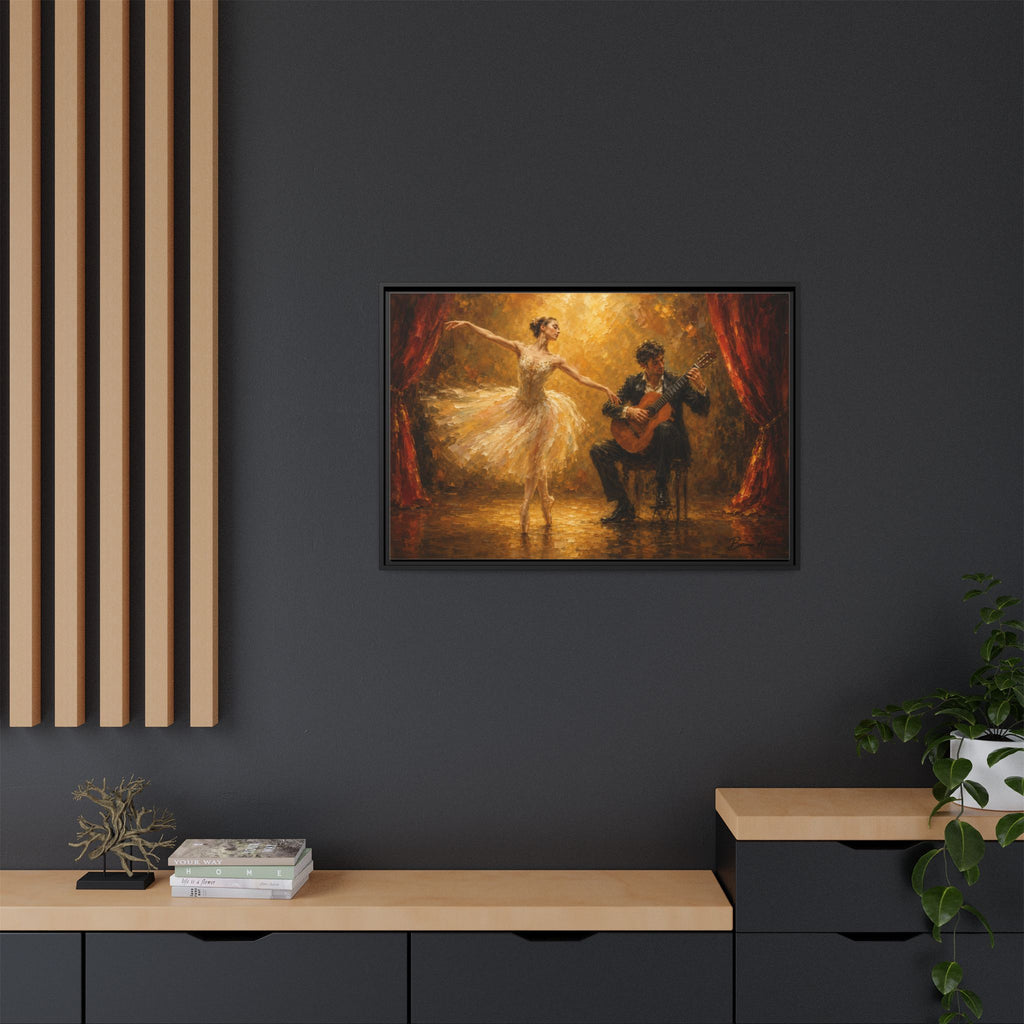 Ballet Dancer & Guitarist Framed Canvas Wall Art — Oil-Style Performance Print
