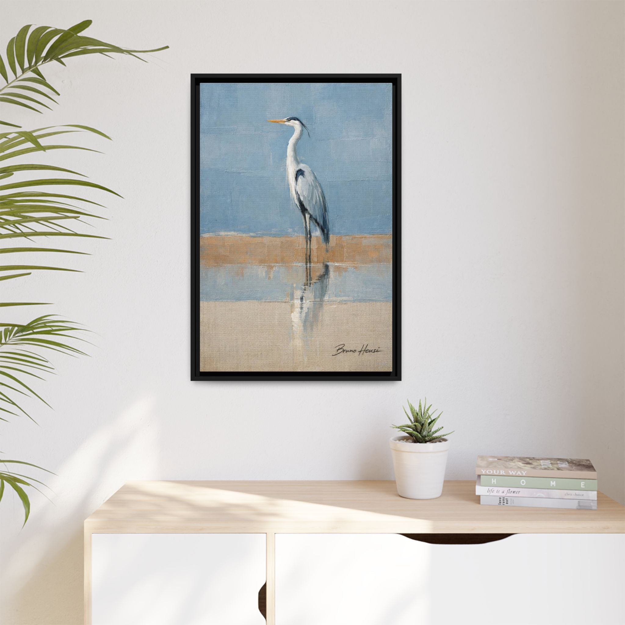 Framed Heron Canvas Art – Coastal Shorebird Wall Decor