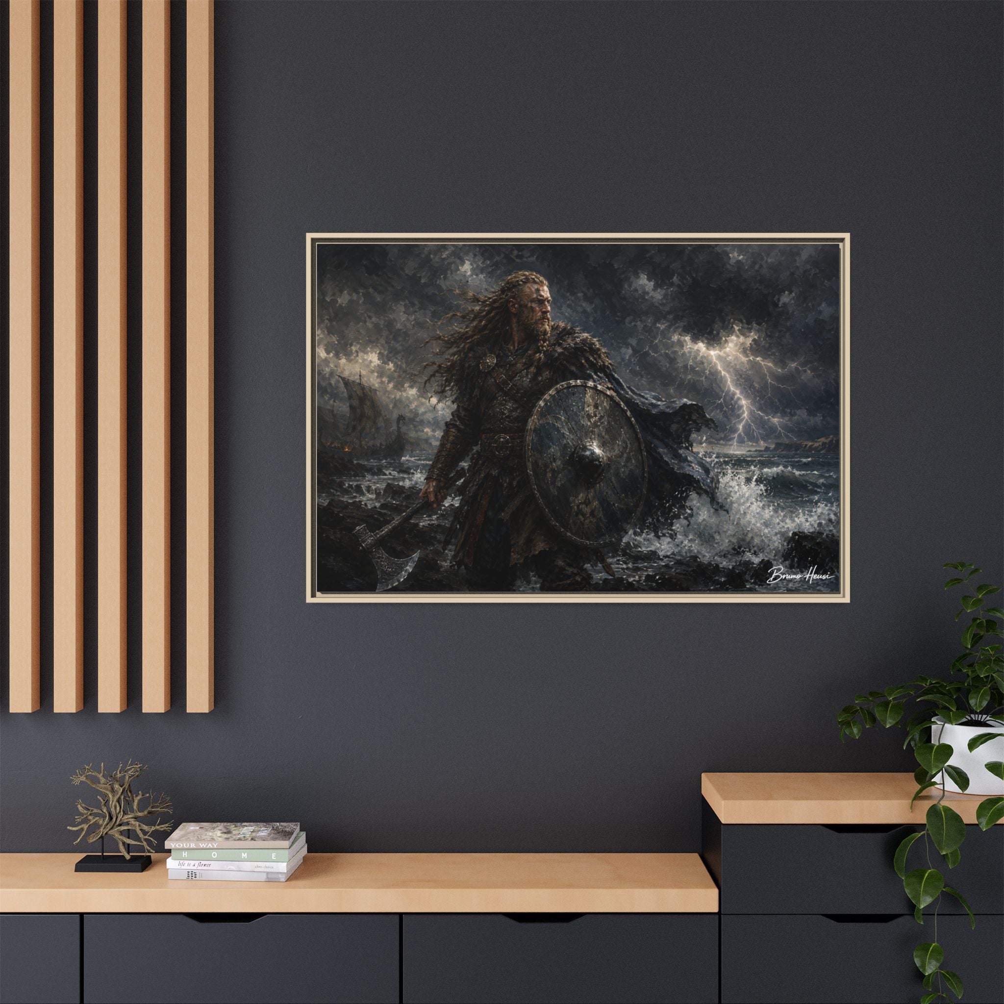 Viking Warrior Matte Framed Canvas Print — Stormy Norse Shield and Axe Wall Art