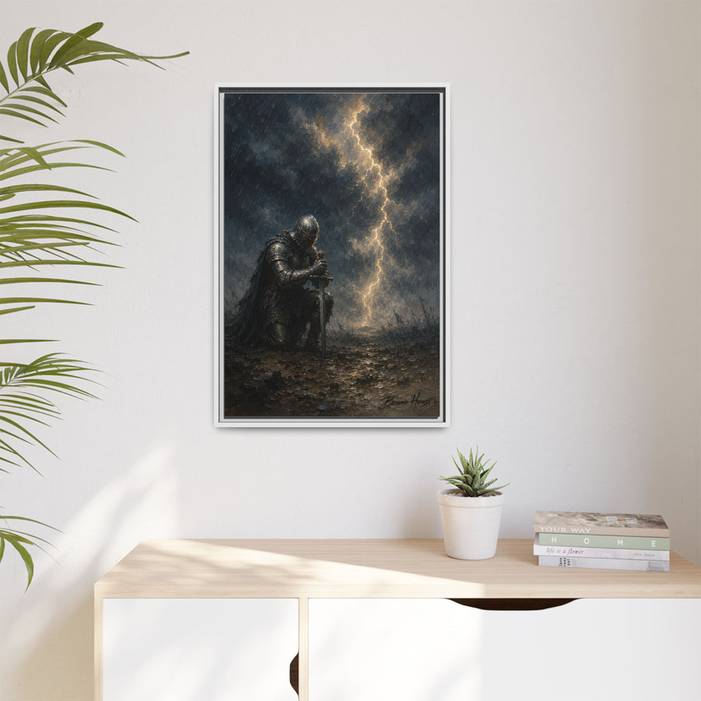 Knight in Thunderstorm Matte Framed Canvas — Dark Fantasy Wall Art