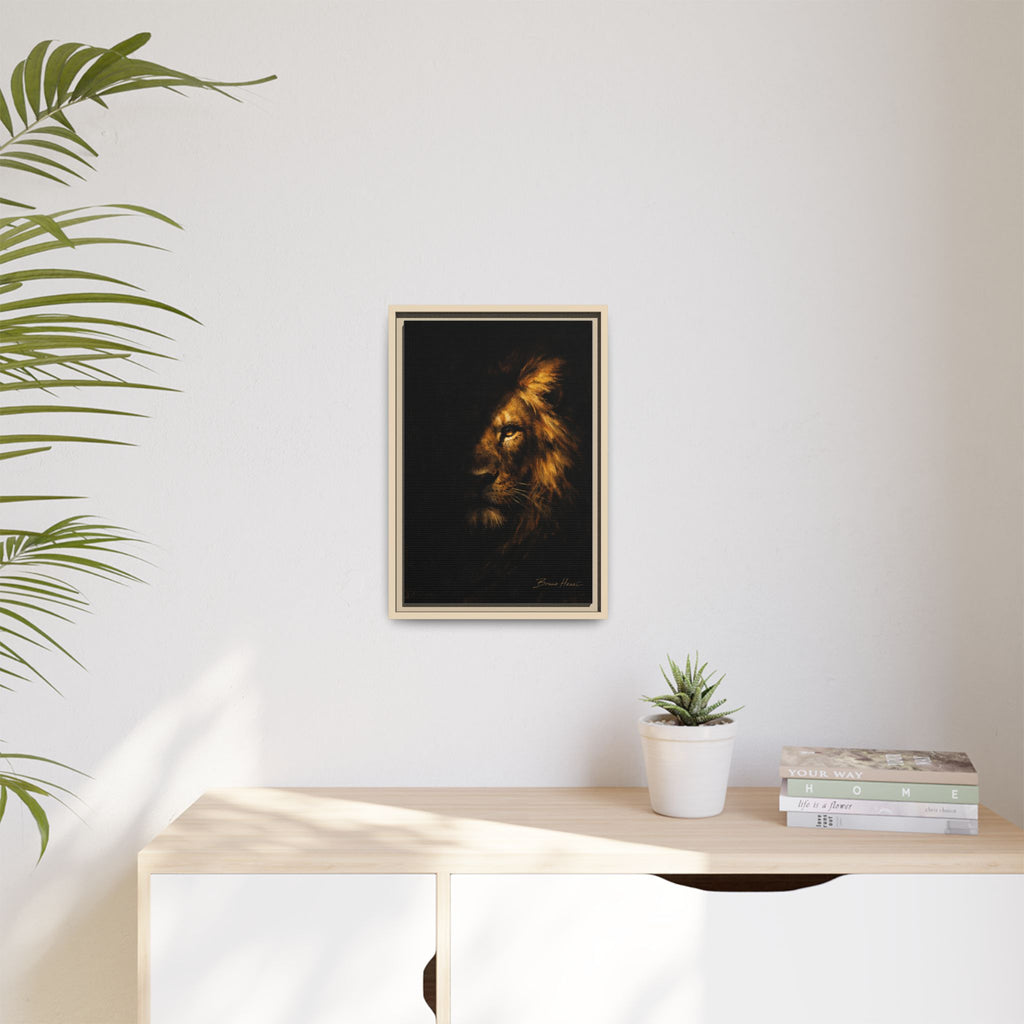 Majestic Lion Portrait Framed Canvas Wall Art — Golden Mane on Black Matte Print