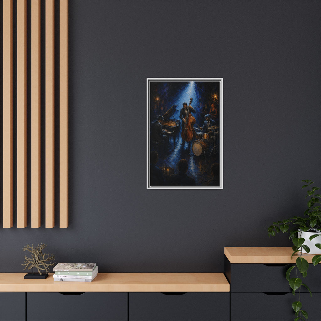 Framed Jazz Quartet Canvas Wall Art – Moody Blue Music Scene
