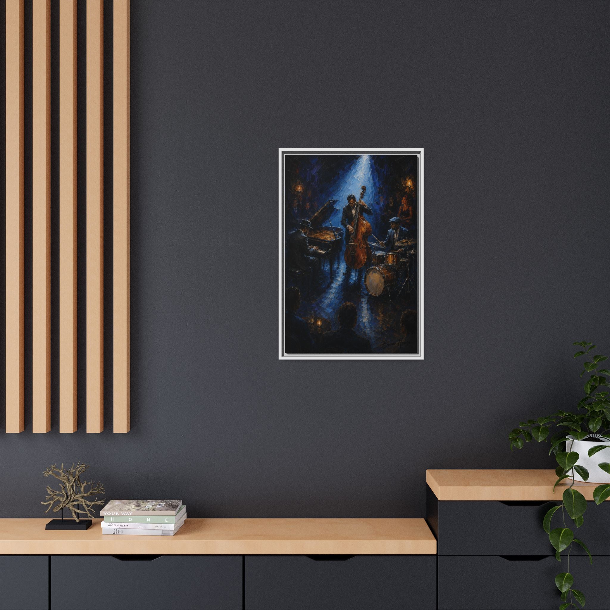 Framed Jazz Quartet Canvas Wall Art – Moody Blue Music Scene