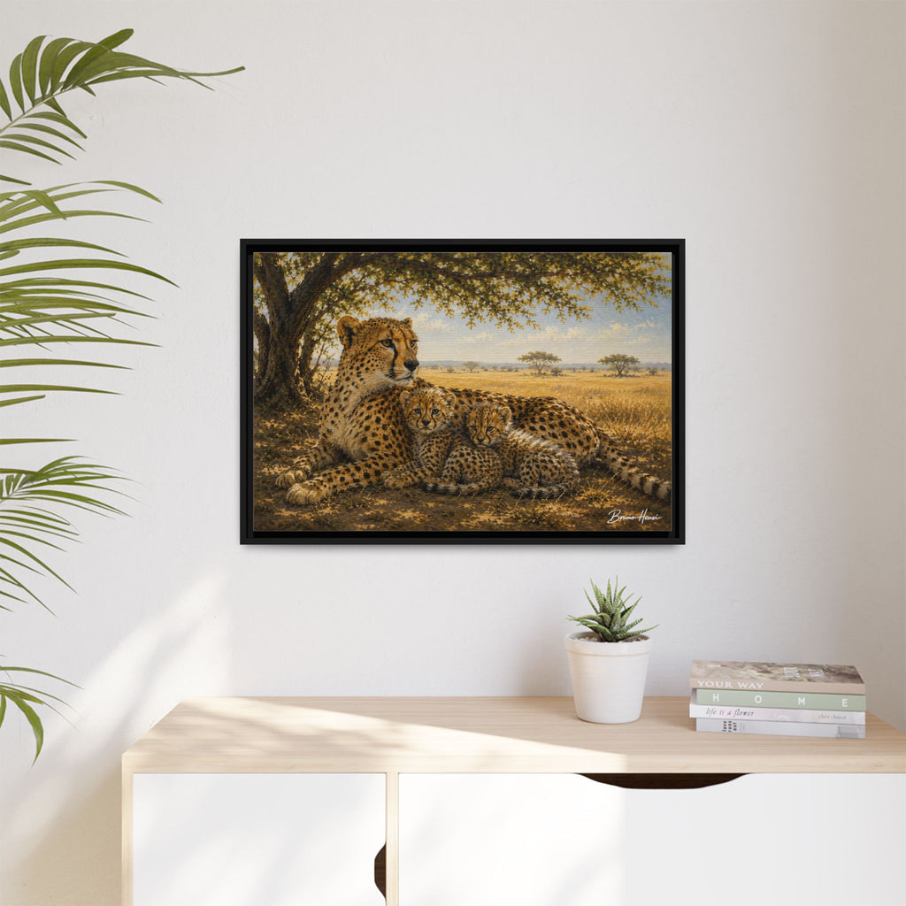 Cheetah Mother & Cubs Framed Canvas Wall Art – African Wildlife Safari Print