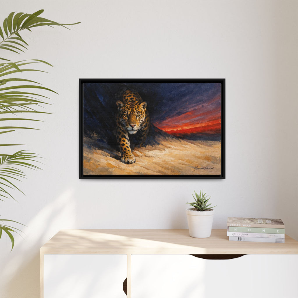 Framed Jaguar Canvas Art – Majestic Big Cat Painting with Sunset Sky