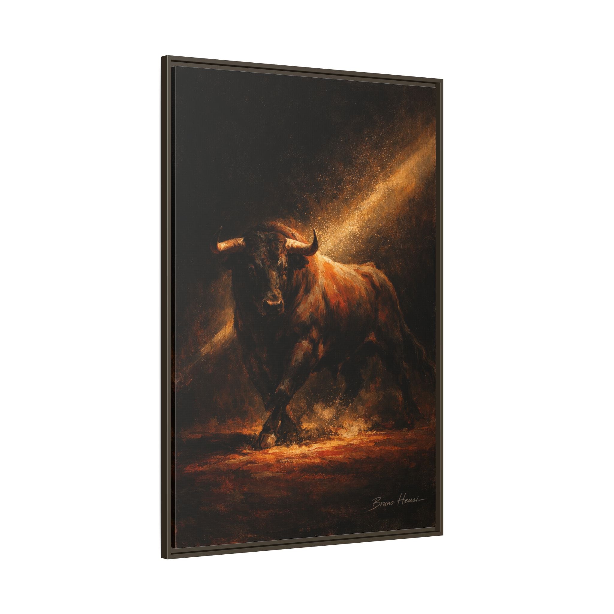 Framed Matte Canvas Art - Dramatic Charging Bull Painting
