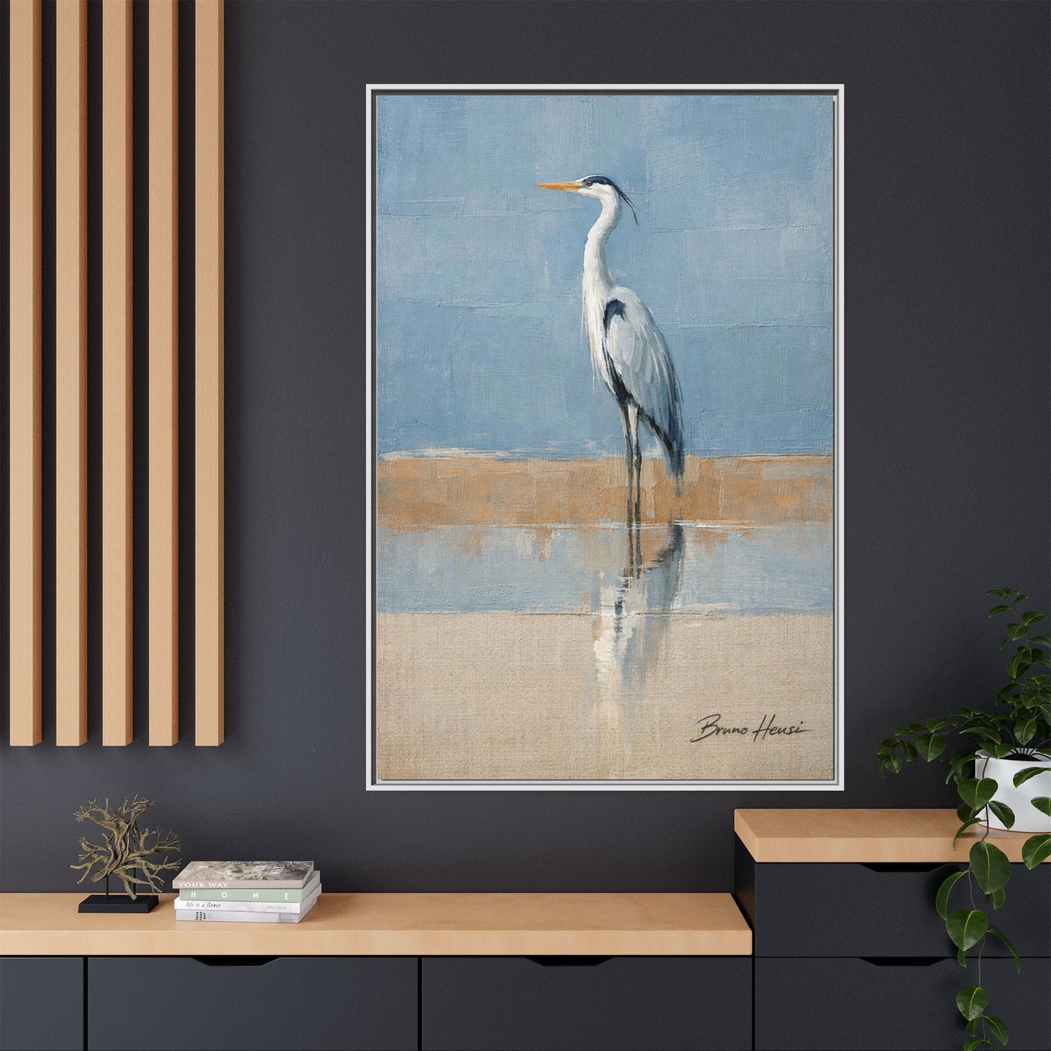 Framed Heron Canvas Art – Coastal Shorebird Wall Decor
