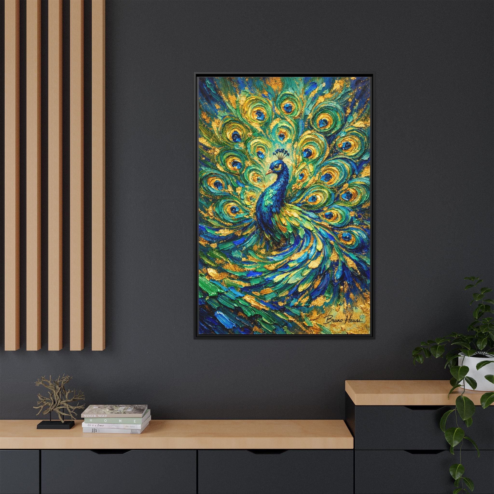 Peacock Oil-Style Framed Canvas Wall Art — Vibrant Blue & Gold Peacock Painting