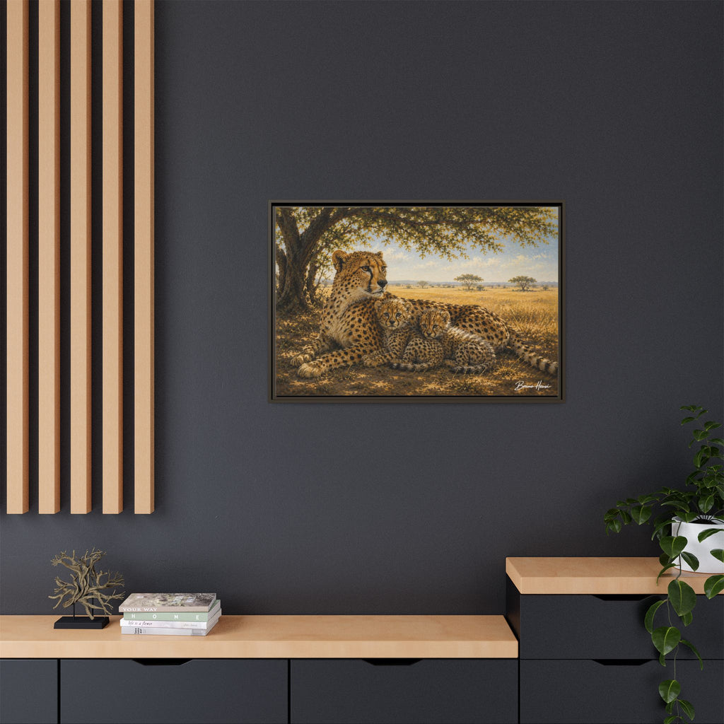 Cheetah Mother & Cubs Framed Canvas Wall Art – African Wildlife Safari Print