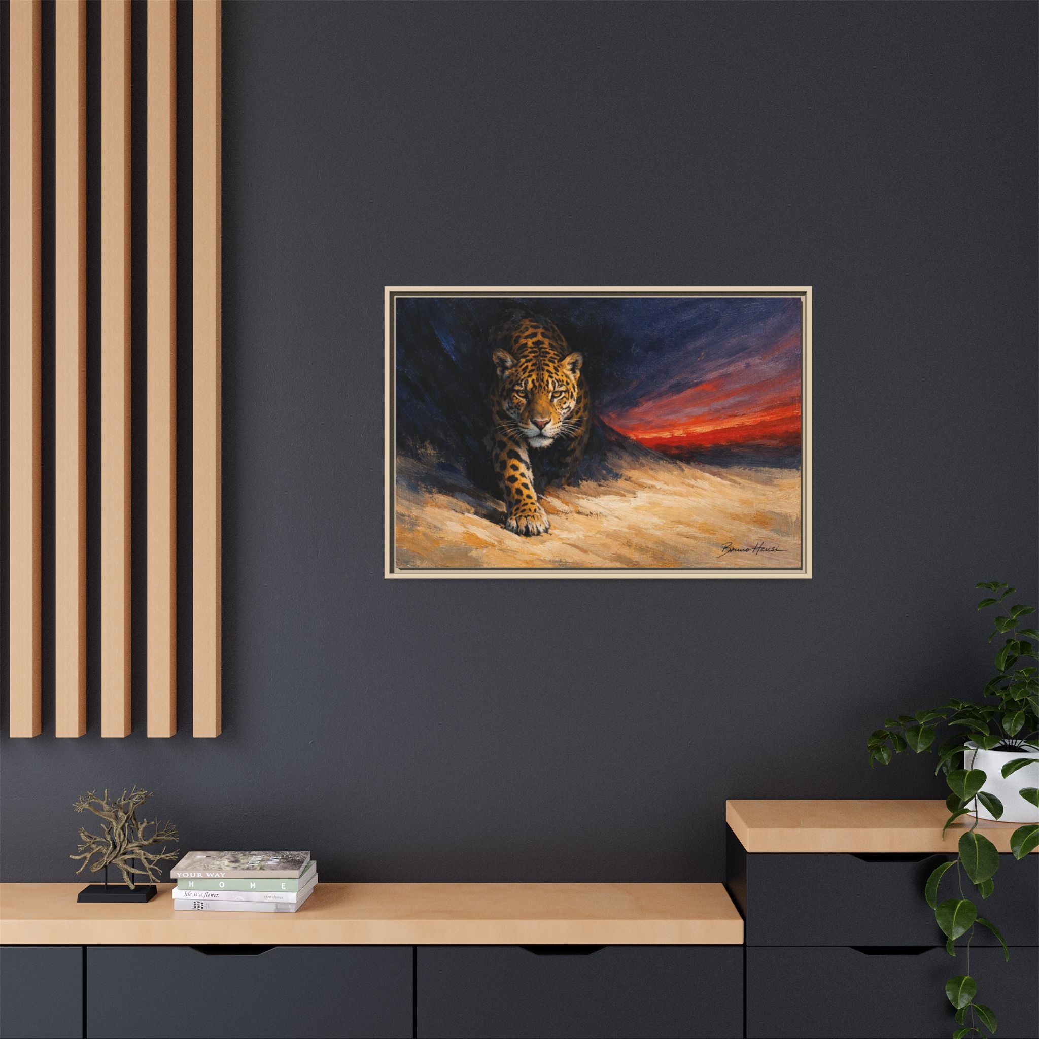 Framed Jaguar Canvas Art – Majestic Big Cat Painting with Sunset Sky