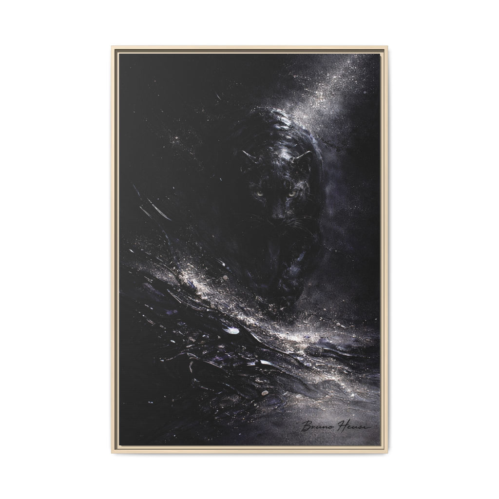 Cosmic Black Panther Matte Framed Canvas – Dark Abstract Wildlife Wall Art