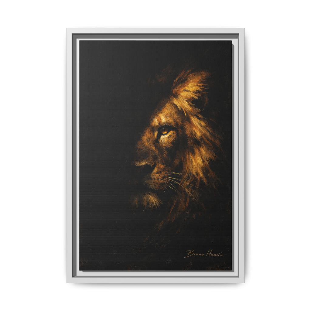 Majestic Lion Portrait Framed Canvas Wall Art — Golden Mane on Black Matte Print
