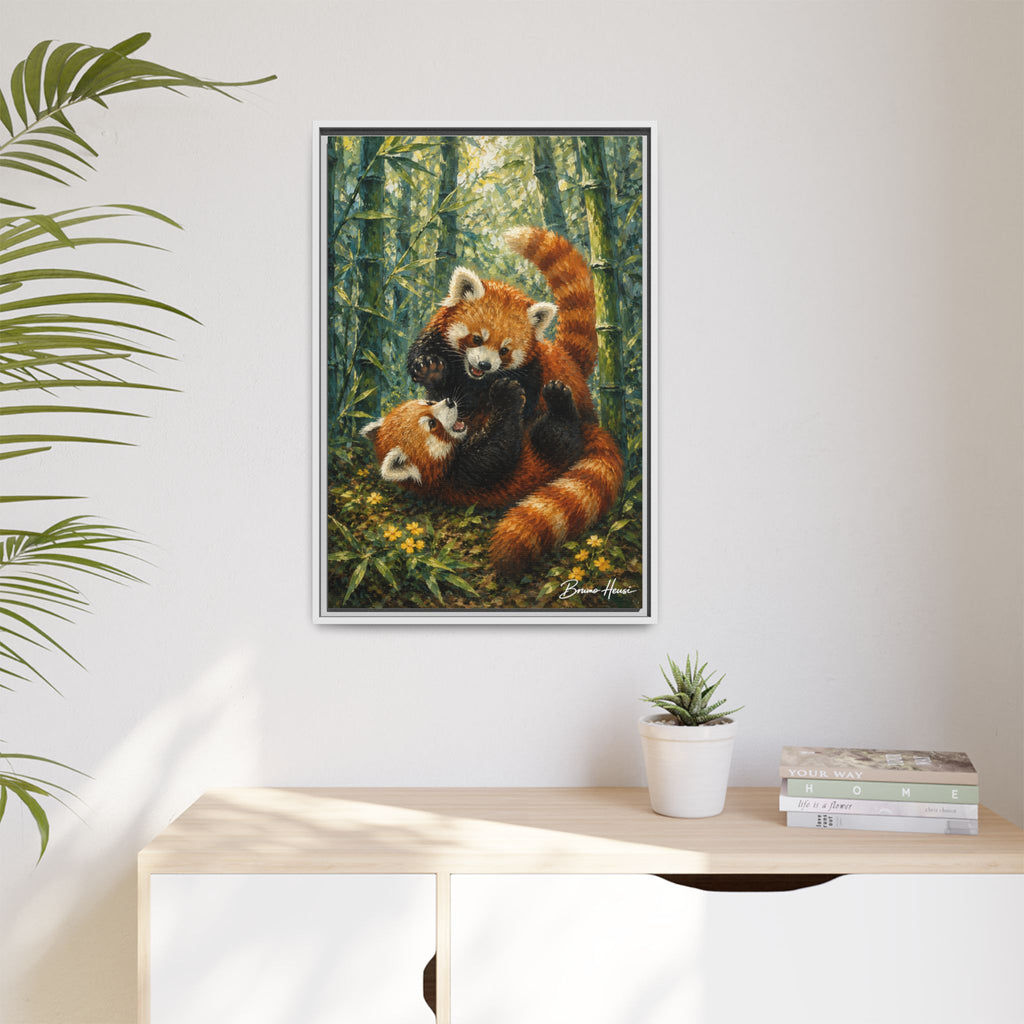 Red Panda Playtime Framed Canvas Wall Art — Playful Wildlife Print