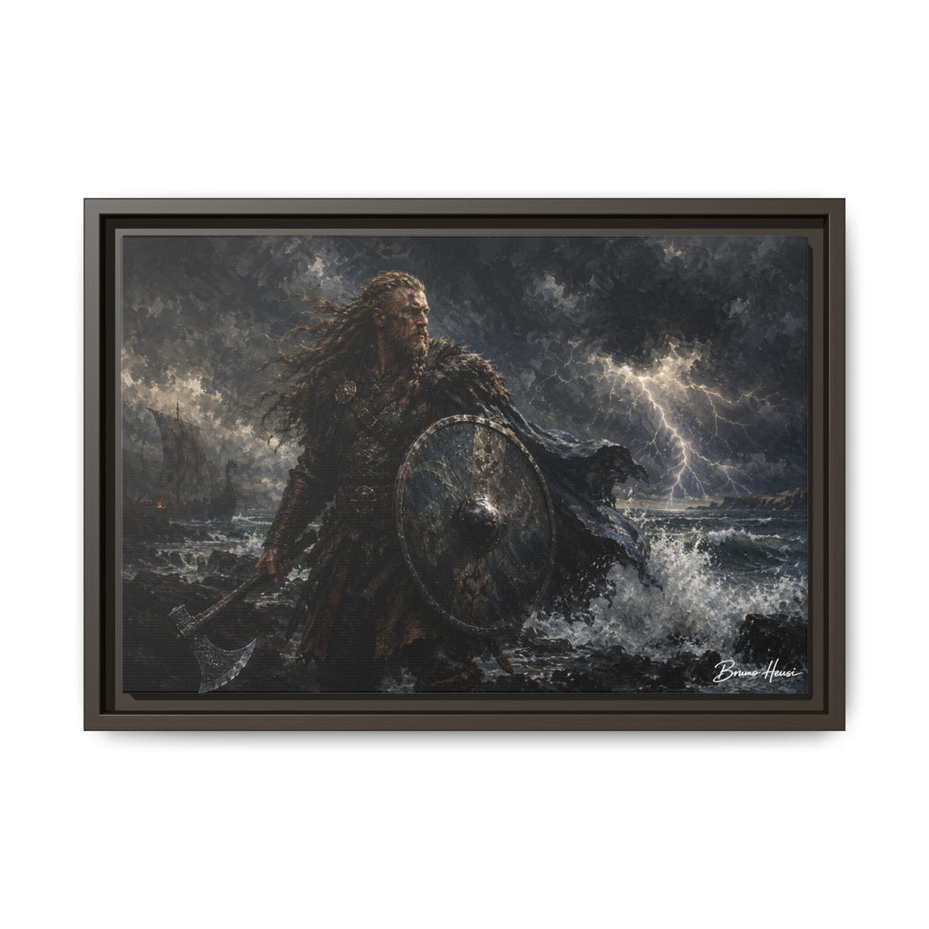 Viking Warrior Matte Framed Canvas Print — Stormy Norse Shield and Axe Wall Art