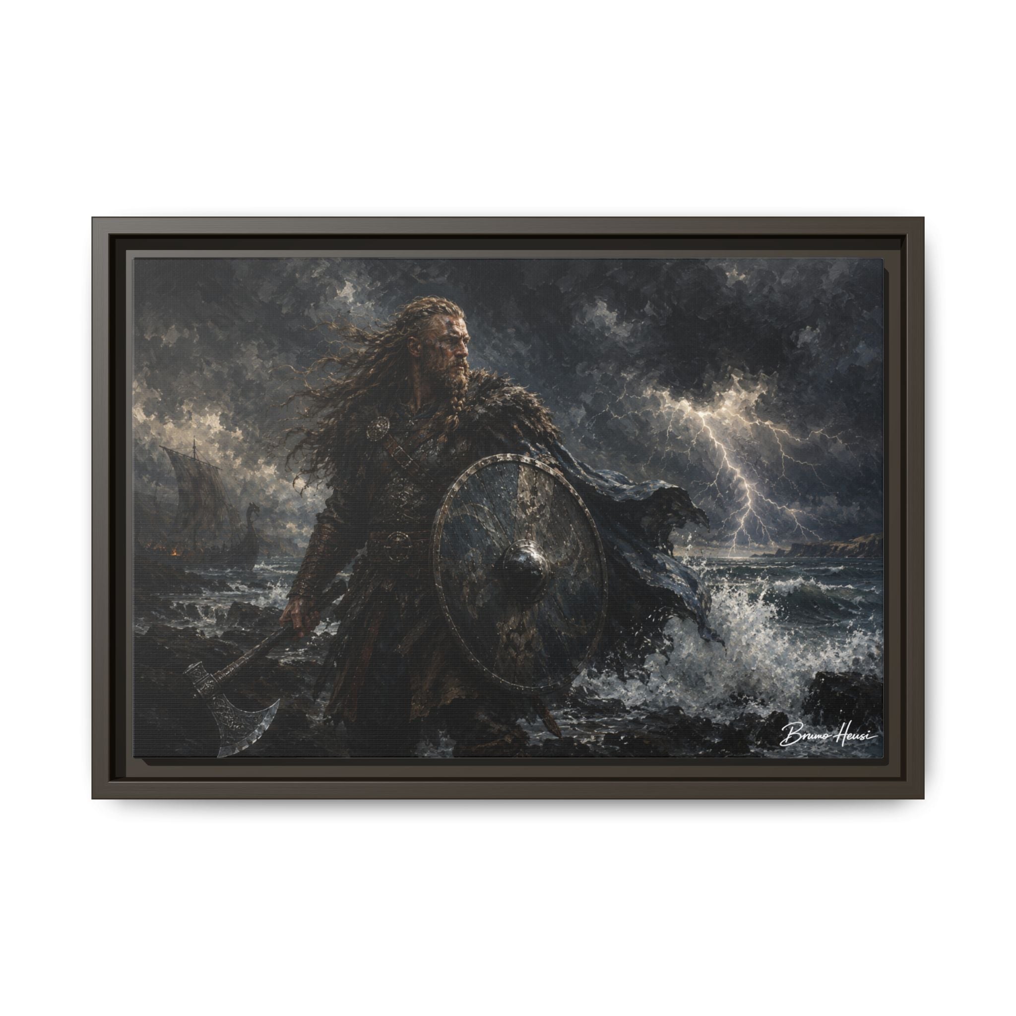 Viking Warrior Matte Framed Canvas Print — Stormy Norse Shield and Axe Wall Art