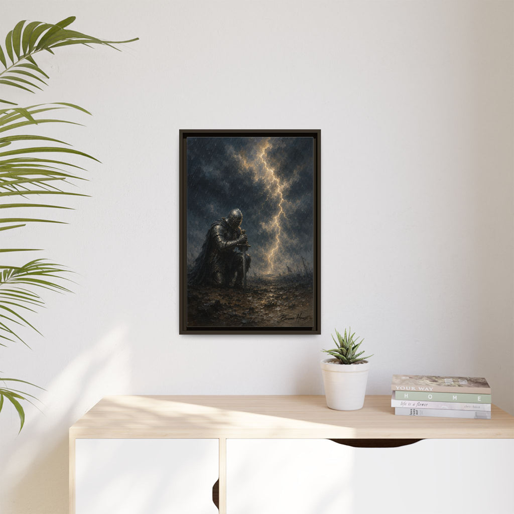 Knight in Thunderstorm Matte Framed Canvas — Dark Fantasy Wall Art
