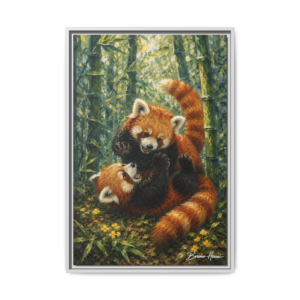 Red Panda Playtime Framed Canvas Wall Art — Playful Wildlife Print